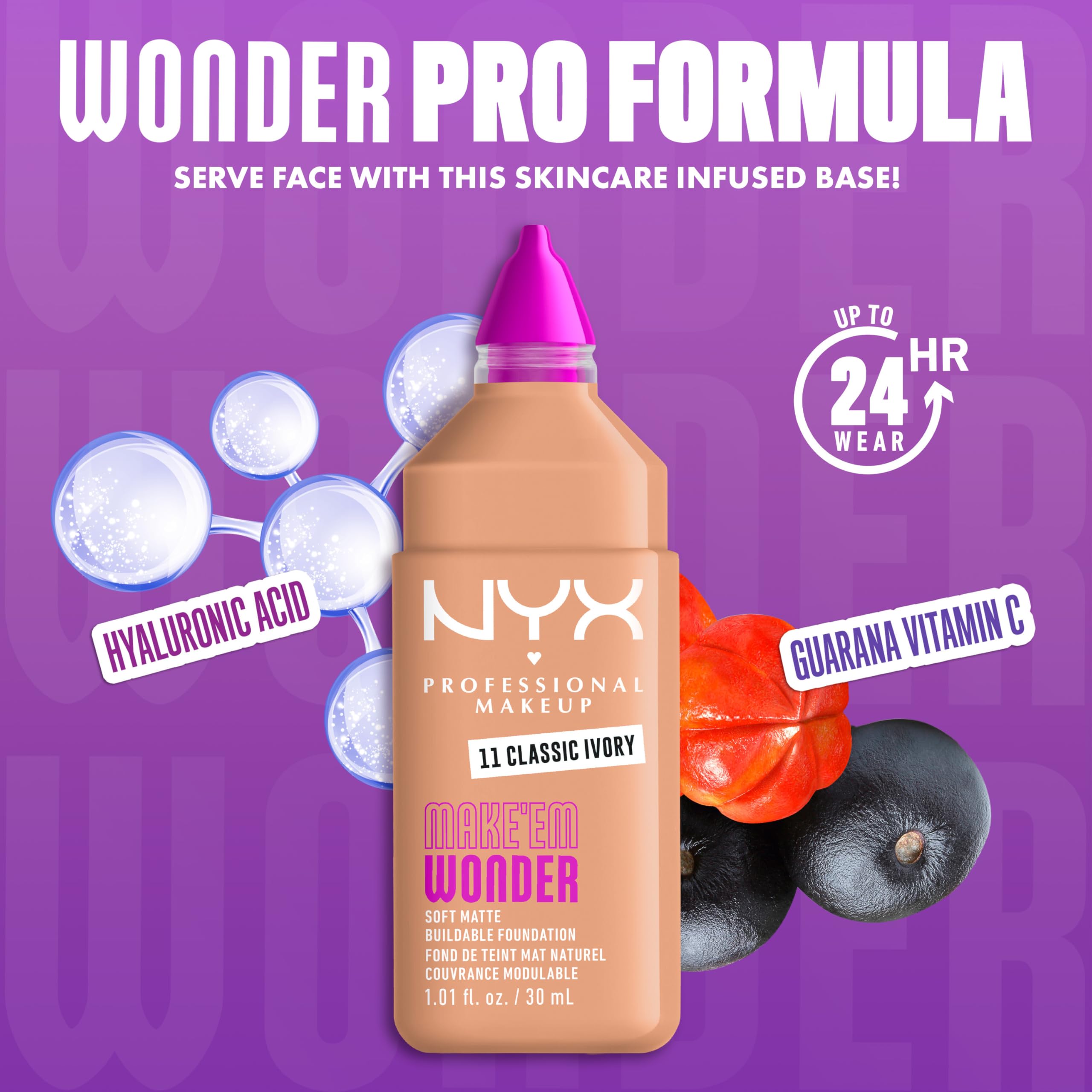 NYX PROFESSIONAL MAKEUP Make 'Em Wonder Liquid Foundation, 24HR Foundation Makeup With A Soft Matte Finish, Buildable Full Coverage - 11 Classic Ivory