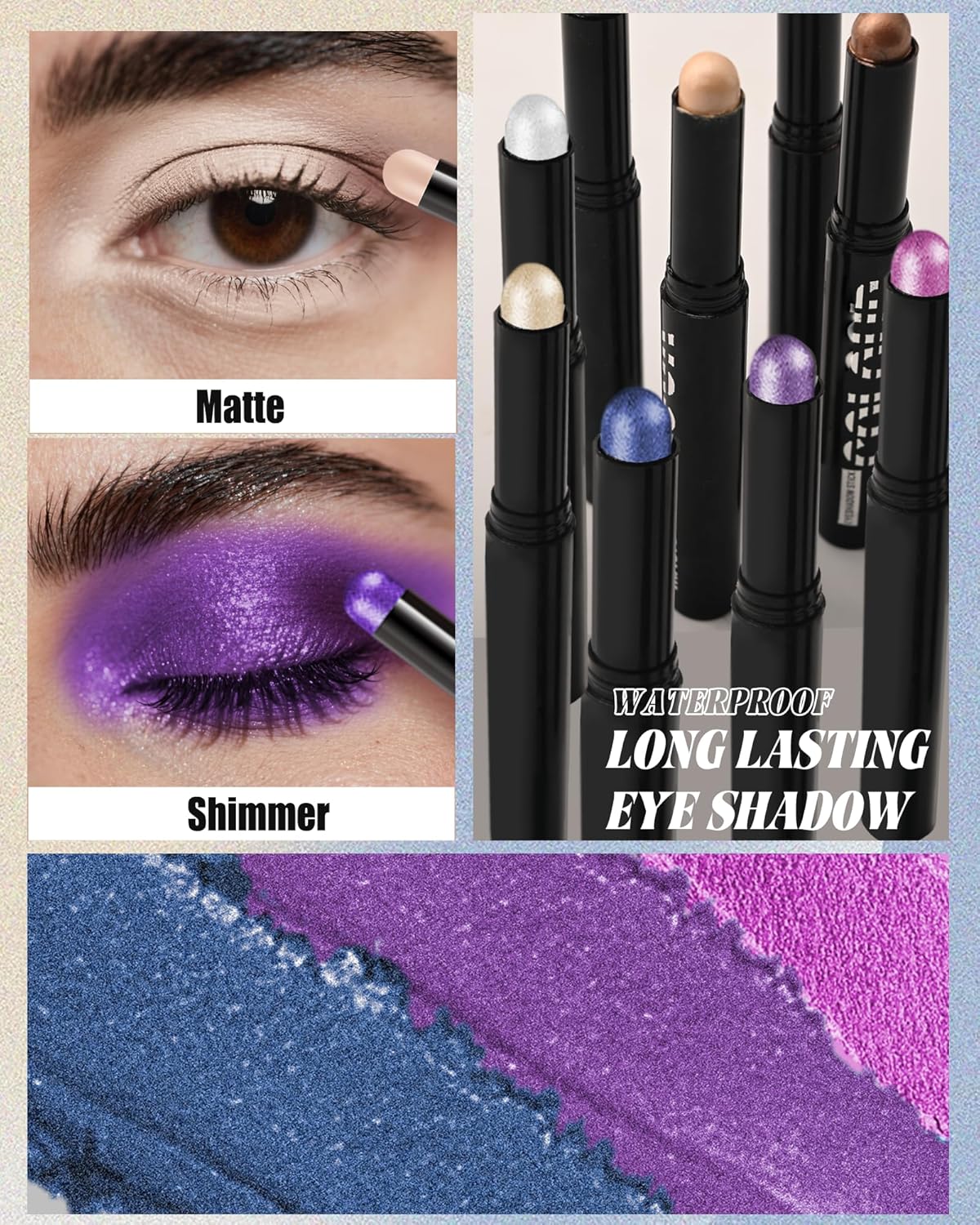 Waterproof Cream Eyeshadow Stick, Purple Shimmer Highly Pigmented Long-lasting Eye Shadow Pencil, Metallic Blendable Eyeshadow Brightener Applicator Stick, Hypoallergenic Women Eye Highlight Makeup-23