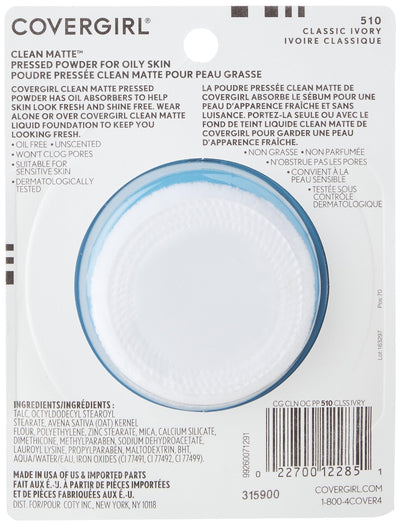 COVERGIRL Clean Matte Pressed Powder, Oil Control Powder, 1 container, .35 Fl Oz, Face Powder, Oil Free Loose Powder, Matte Finish, Lightweight, Shine Free Formula, Leaves Skin Smooth and Clean