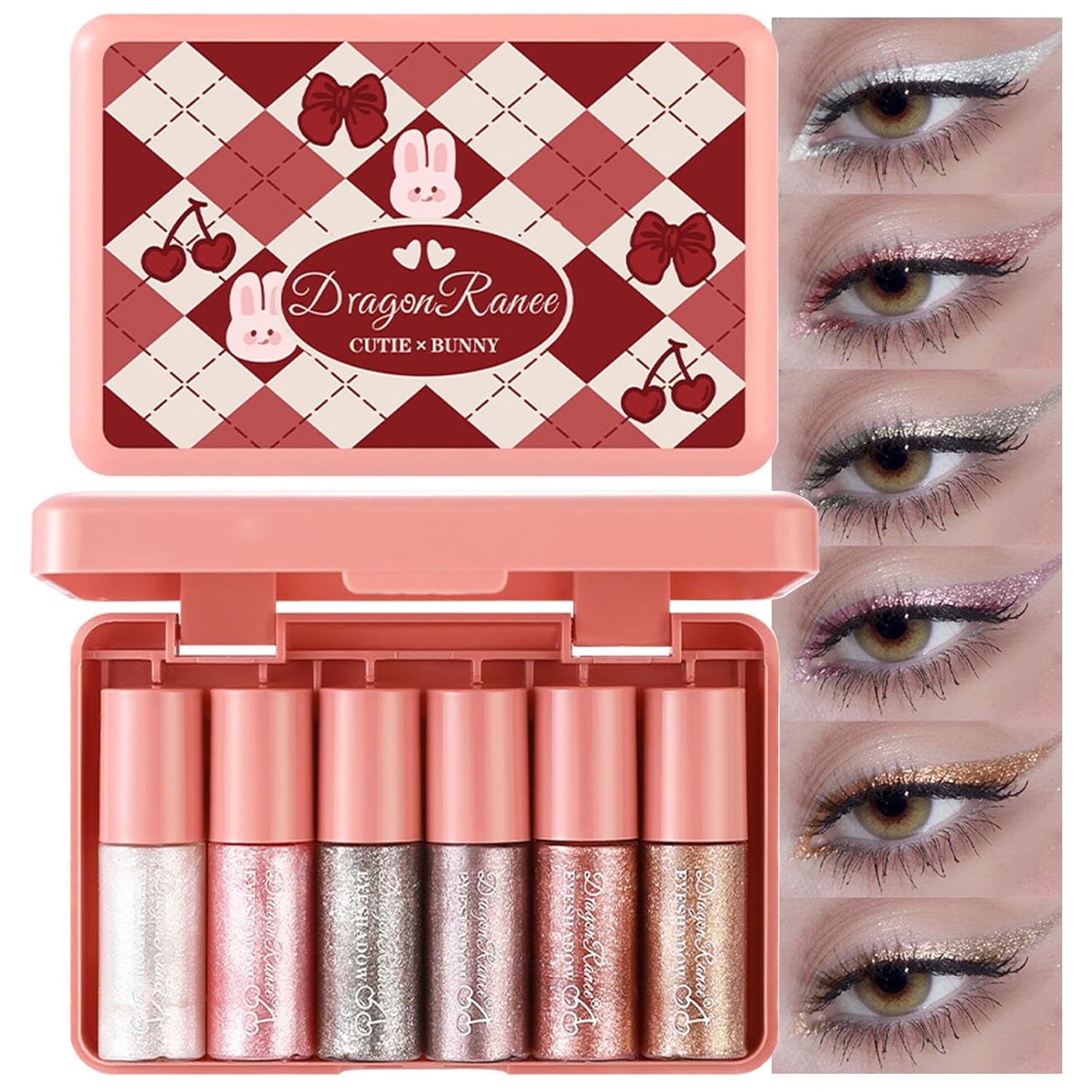 6 Pcs Liquid Glitter Eyeshadow Set Colorful Eyeliner with Long-Lasting and Waterproof Shinning Eye Shadow Gift for Women Eye Makeup (Cherry Rabbit)