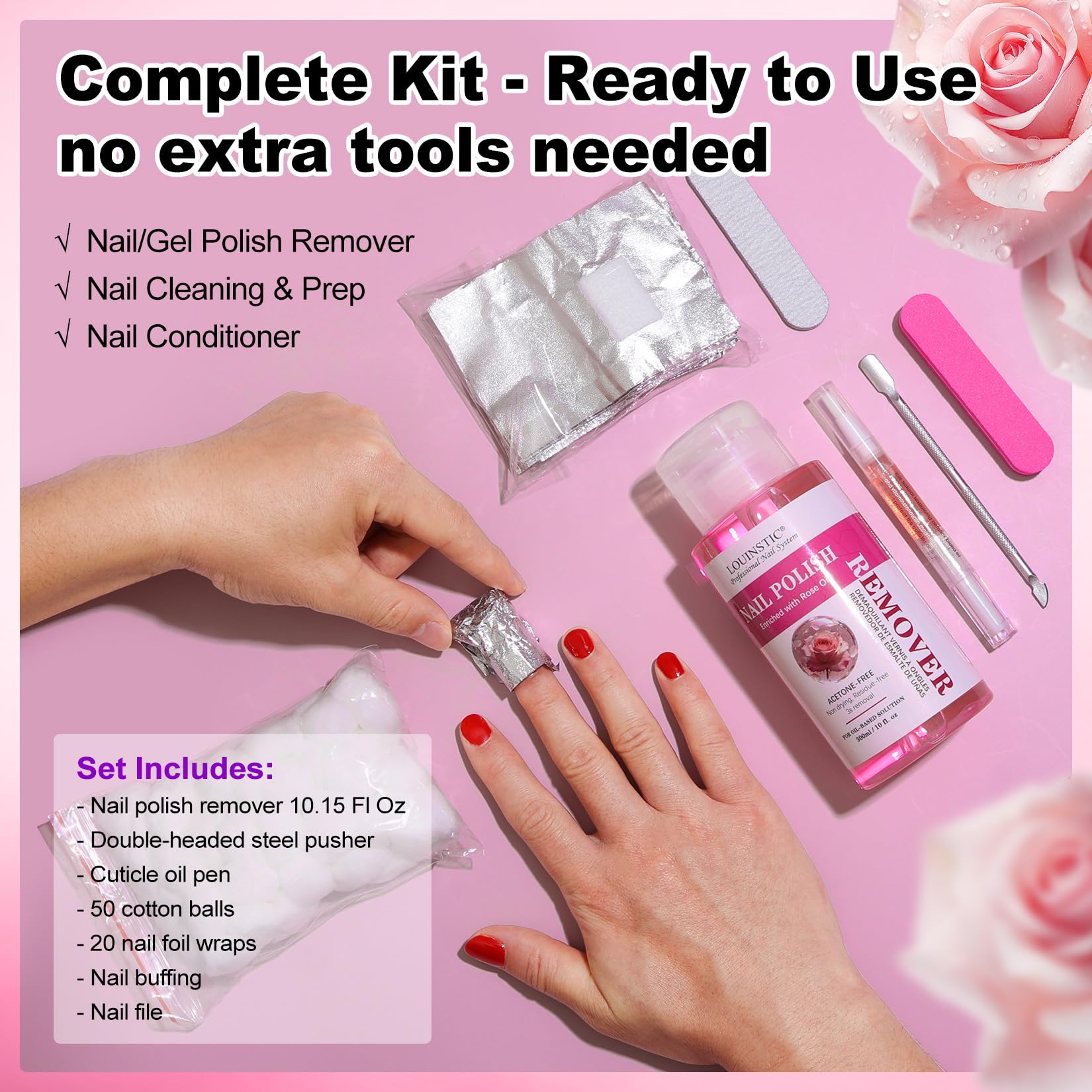 Gentle Nail Polish Remover: 10.15 Fl Oz, with Press Pump, Quickly Removes Nail Polish/Glitter/Glue/Nail Tips/Gel, Professional Nail Soak Off Kit, with Removal Tool & Rose Cuticle Oil, Salon & DIY Use