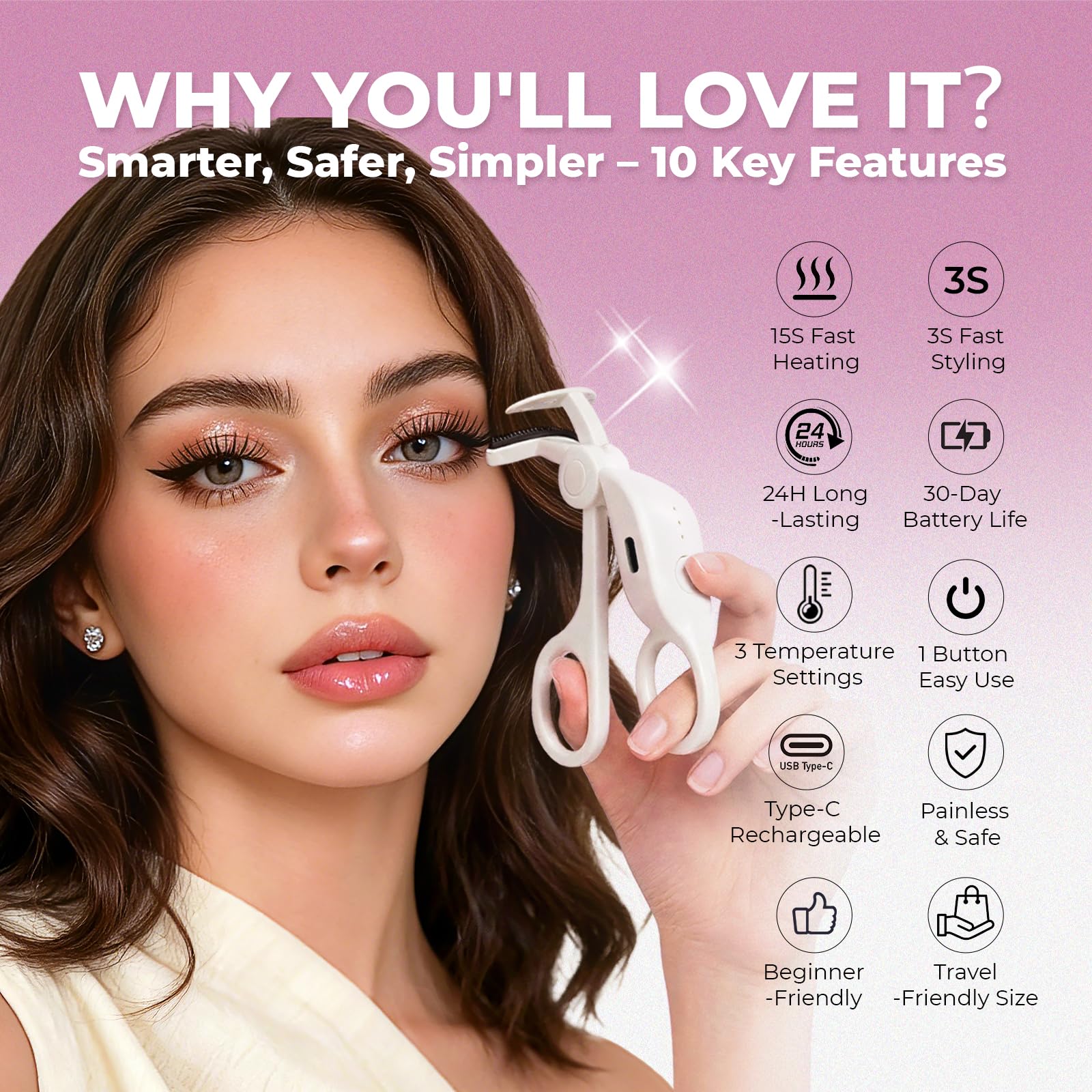 Heated Eyelash Curler, 5s Fast Heat Up & 24H Long-Lasting Curls, Electric Lash Curler with Intelligent Temp Control & Anti-Burn Silicone Pad, Type-C Rechargeable, Quick Natural Curling for All Lashes