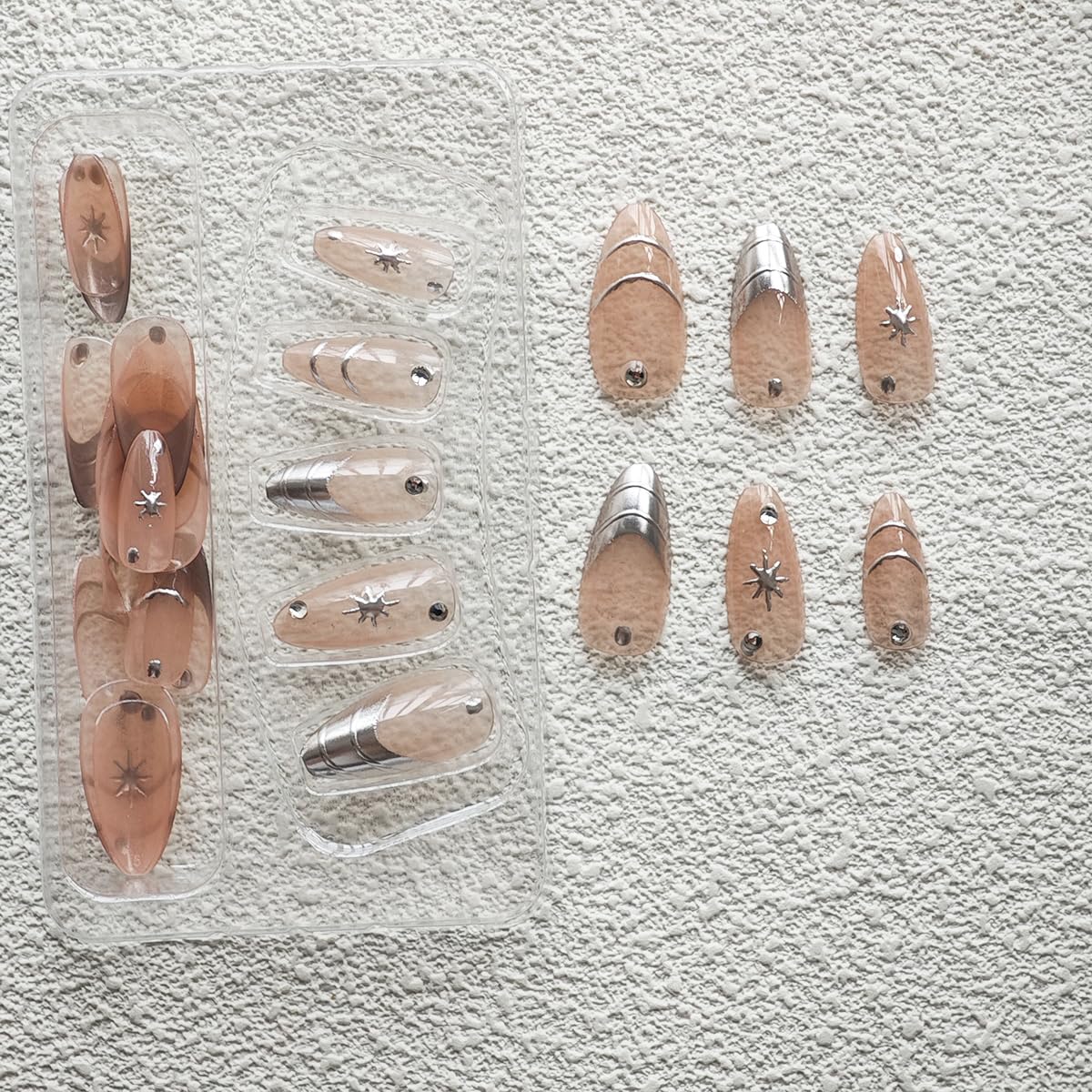 Silver Press on Nails Medium Almond Fake Nails Nude Glossy False Nail with Design Shiny Rhinestone Glue on Nails Reusable Artificial Acrylic Full Cover Star Stick on Nail for Women Manicure 24Pcs