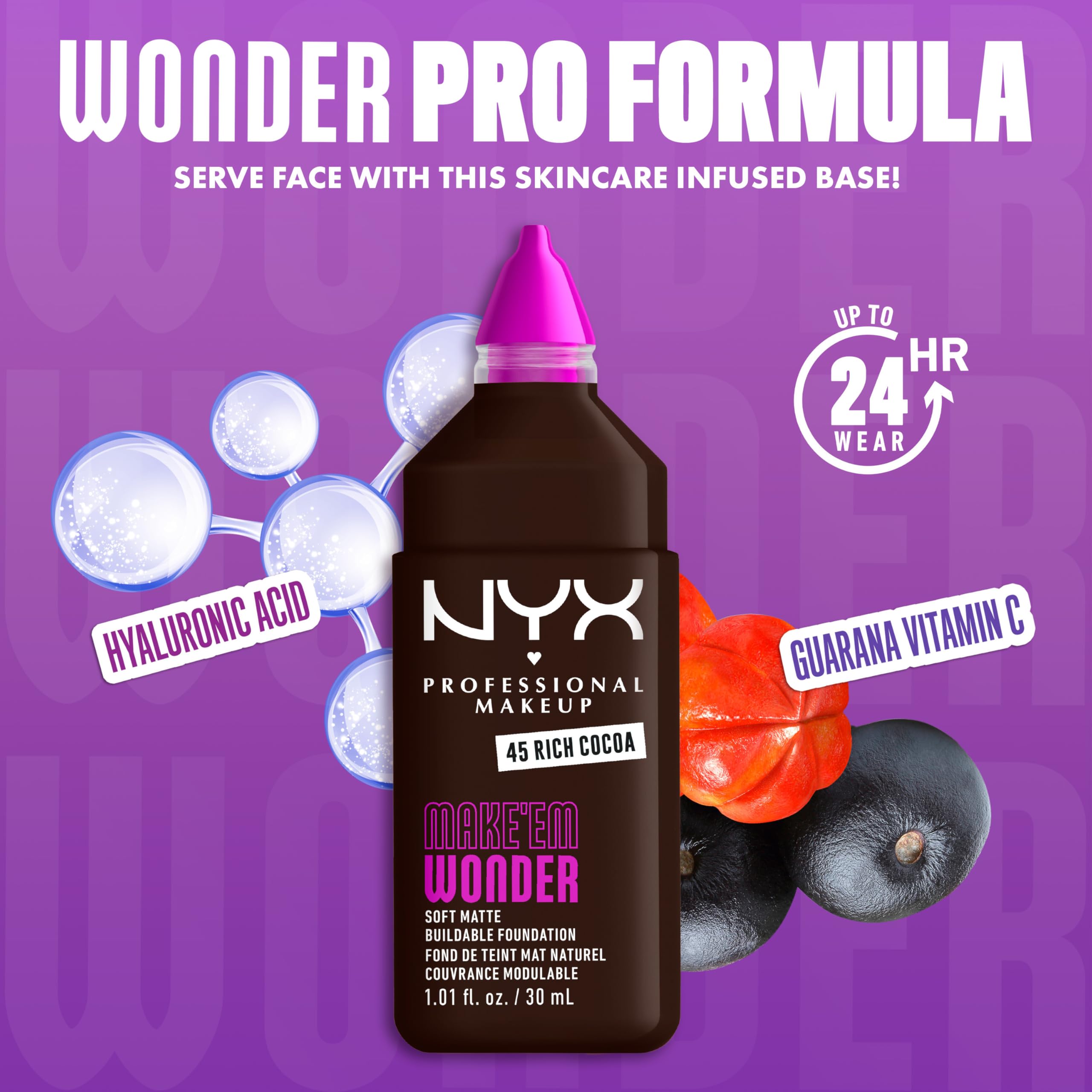 NYX PROFESSIONAL MAKEUP Make 'Em Wonder Liquid Foundation, 24HR Foundation Makeup With A Soft Matte Finish, Buildable Full Coverage - 45 Rich Cocoa