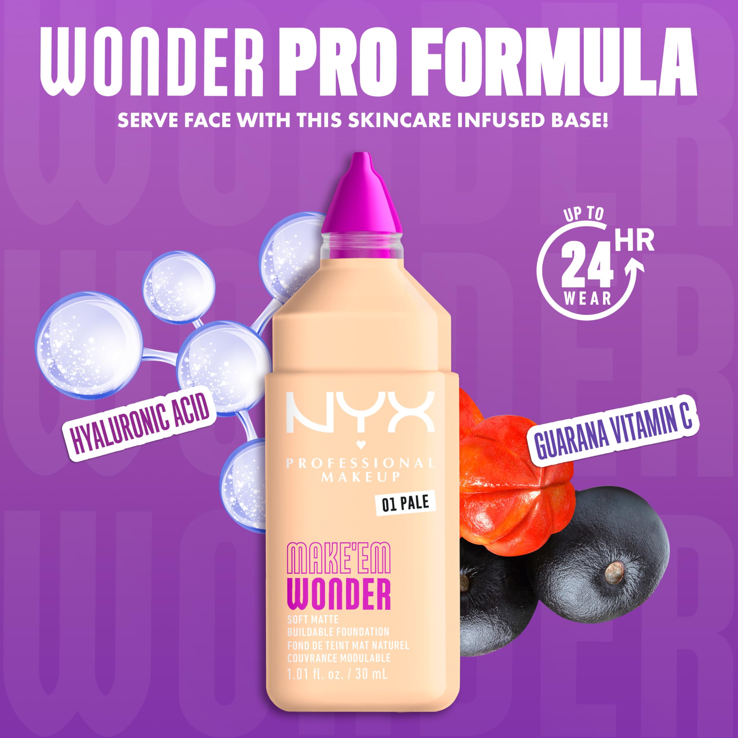 NYX PROFESSIONAL MAKEUP Make 'Em Wonder Liquid Foundation, 24HR Foundation Makeup With A Soft Matte Finish, Buildable Full Coverage - 01 Pale