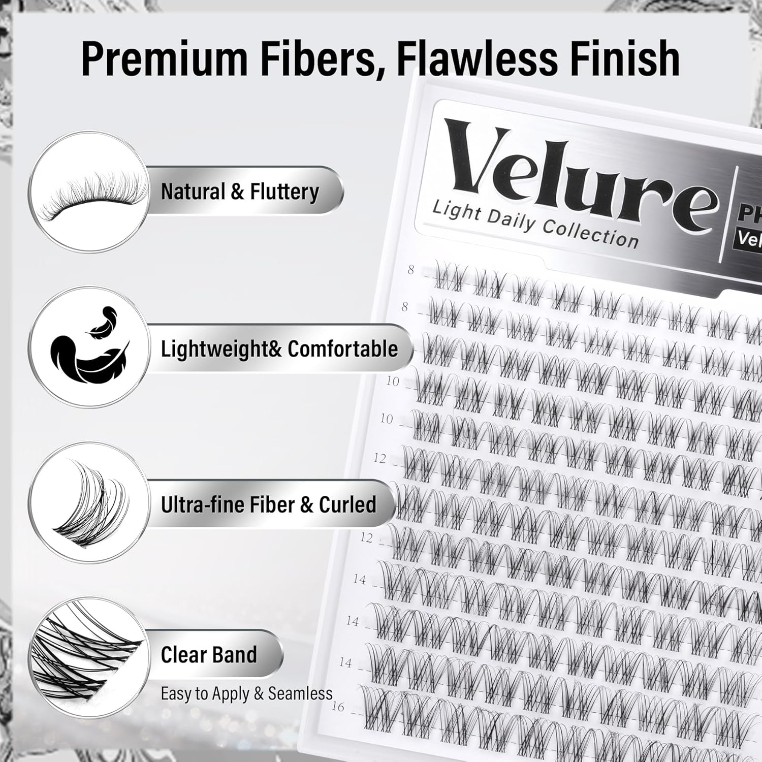 Velure Eyelash Clusters Natural Lash Clusters Eyelash Extensions 8-16mm Wispy Individual Lashes Clusters DIY Ultra-Light Lash Extensions Soft C Curly Eye Lashes with Invisible Thin Band