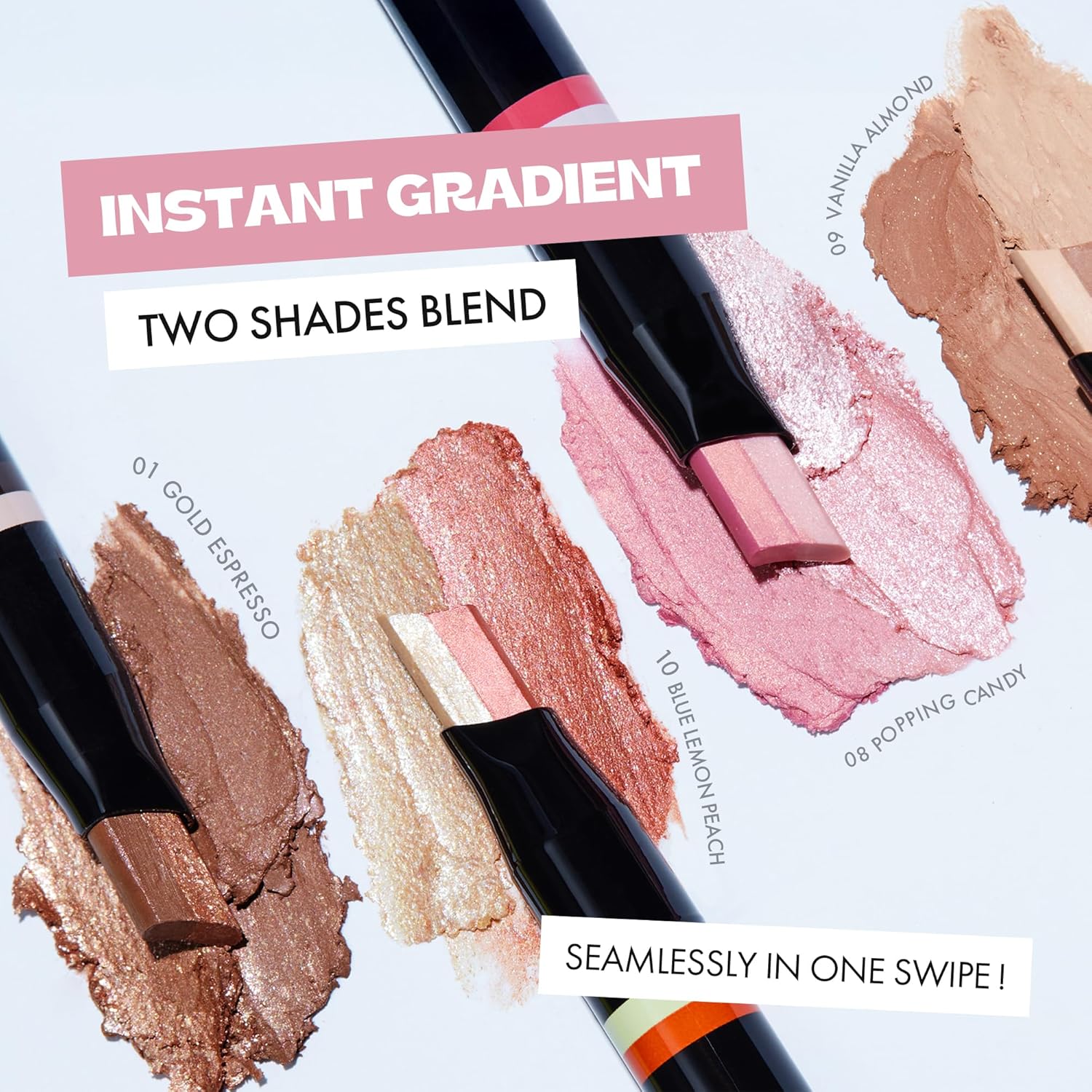 Blanc Double Shadow Stick - 48HR Long Lasting Dual-Tone Eye Shadow Pencil - Combines Glitter w/Soft Matte or Shimmer - Waterproof & Smudge-Proof Eyeshadow Makeup 0.05 oz (#08 Popping-Candy)