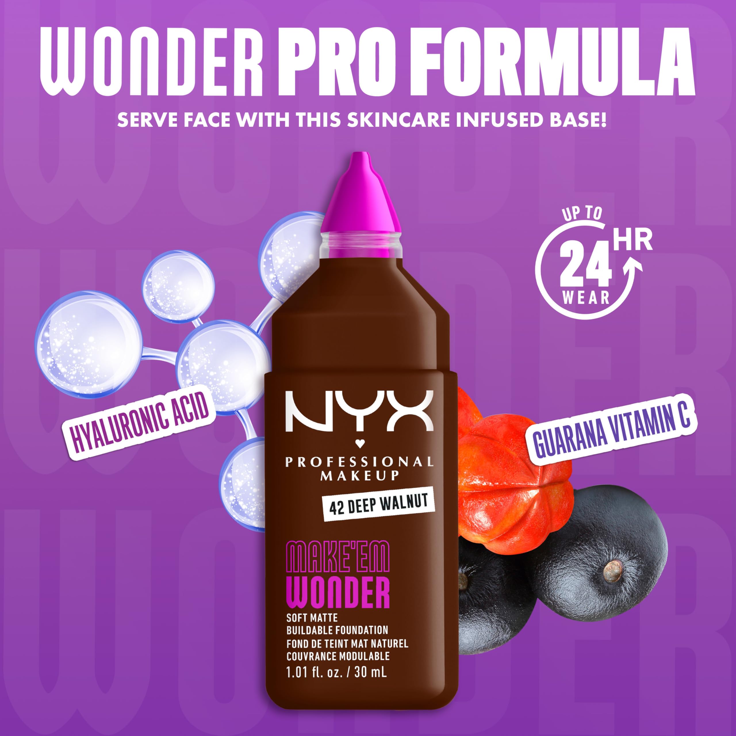 NYX PROFESSIONAL MAKEUP Make 'Em Wonder Liquid Foundation, 24HR Foundation Makeup With A Soft Matte Finish, Buildable Full Coverage - 42 Deep Walnut