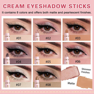 8 Colors Cream Eyeshadow Stick Set, Eye Shadow Brightener Stick Shimmer and Matte Finishes, Long-Lasting, Waterproof, Crease-Proof, Crayon Eye Shadow Pencil Highlighter Makeup