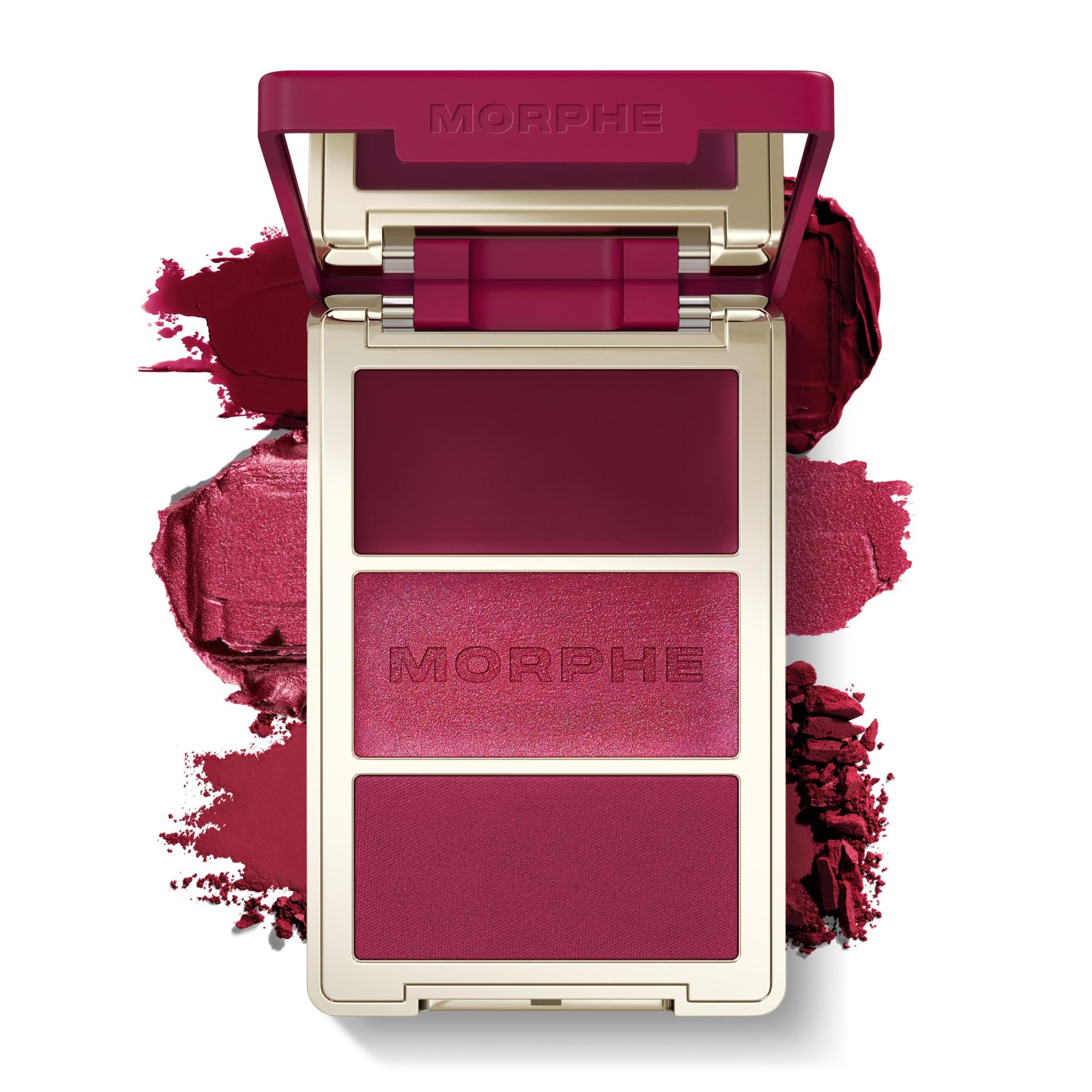 Morphe Cheek Thrills Multi-Finish Face Trio - Blush for Cheeks with Cream, Balm, and Powder Finishes - Buildable Monochromatic Face Palette for Glow and Dimension - Wine & Dine (0.38 oz)