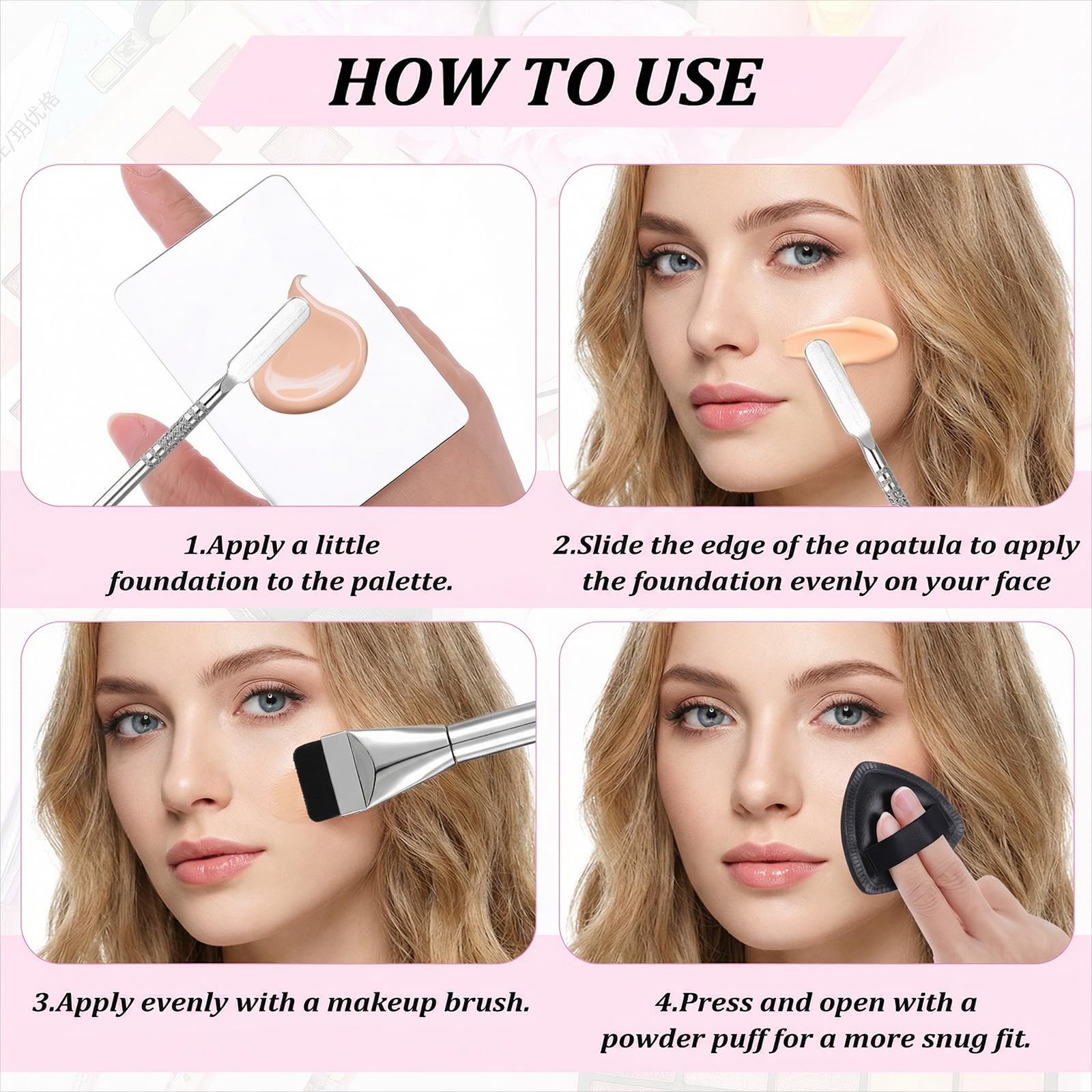 HJZHII 4 Pcs Makeup Foundation Mixing Palette Set, Including Makeup Mixing Palette, Double-Ended Spatula, MakeupPuff, Brush, Professional MakeupMixing PaletteSet Makeups PaletteTray (Stainless Steel)