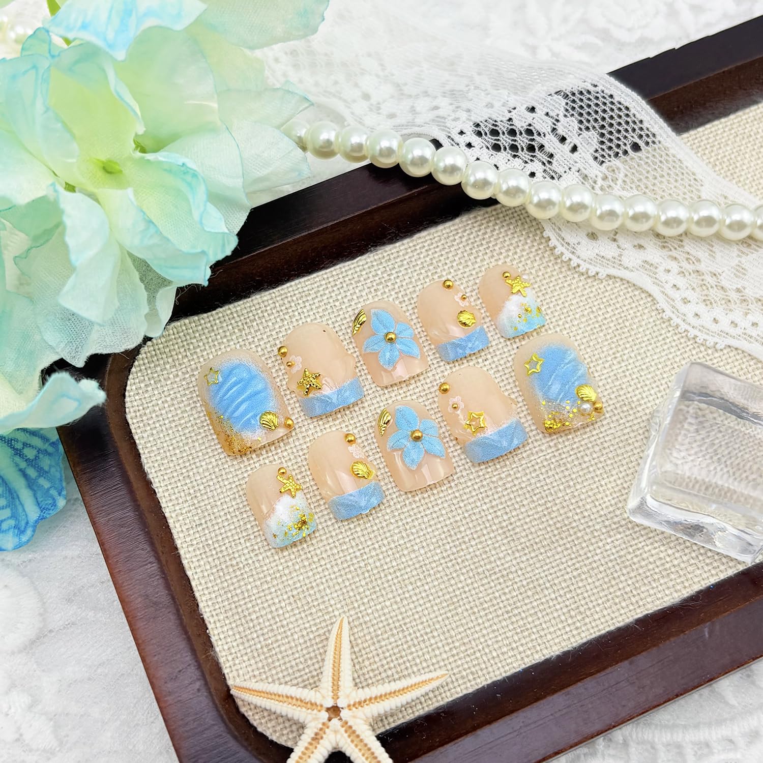24pcs Blue Press on Nails Short Square French Tip Fake Nails 3D Flower False Nails with Gold Beads Designs Stick on Nails Summer Ocean Shell Starfish Conch Glue on Nails for Women Manicure Decoration