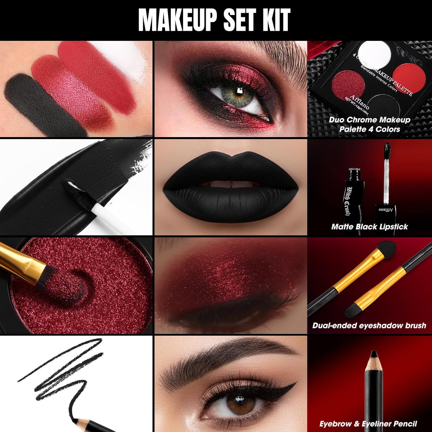 Afflano Goth Eyeshadow Makeup Kit, Multichrome White Black Red Eyeshadow Palette, Goth Black lipstick Matte Waterproof,Ultra-Pigmented Intense Metallic Smokey Eye shadow SFX Halloween Gothic Makeup