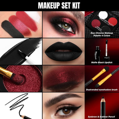 Afflano Goth Eyeshadow Makeup Kit, Multichrome White Black Red Eyeshadow Palette, Goth Black lipstick Matte Waterproof,Ultra-Pigmented Intense Metallic Smokey Eye shadow SFX Halloween Gothic Makeup