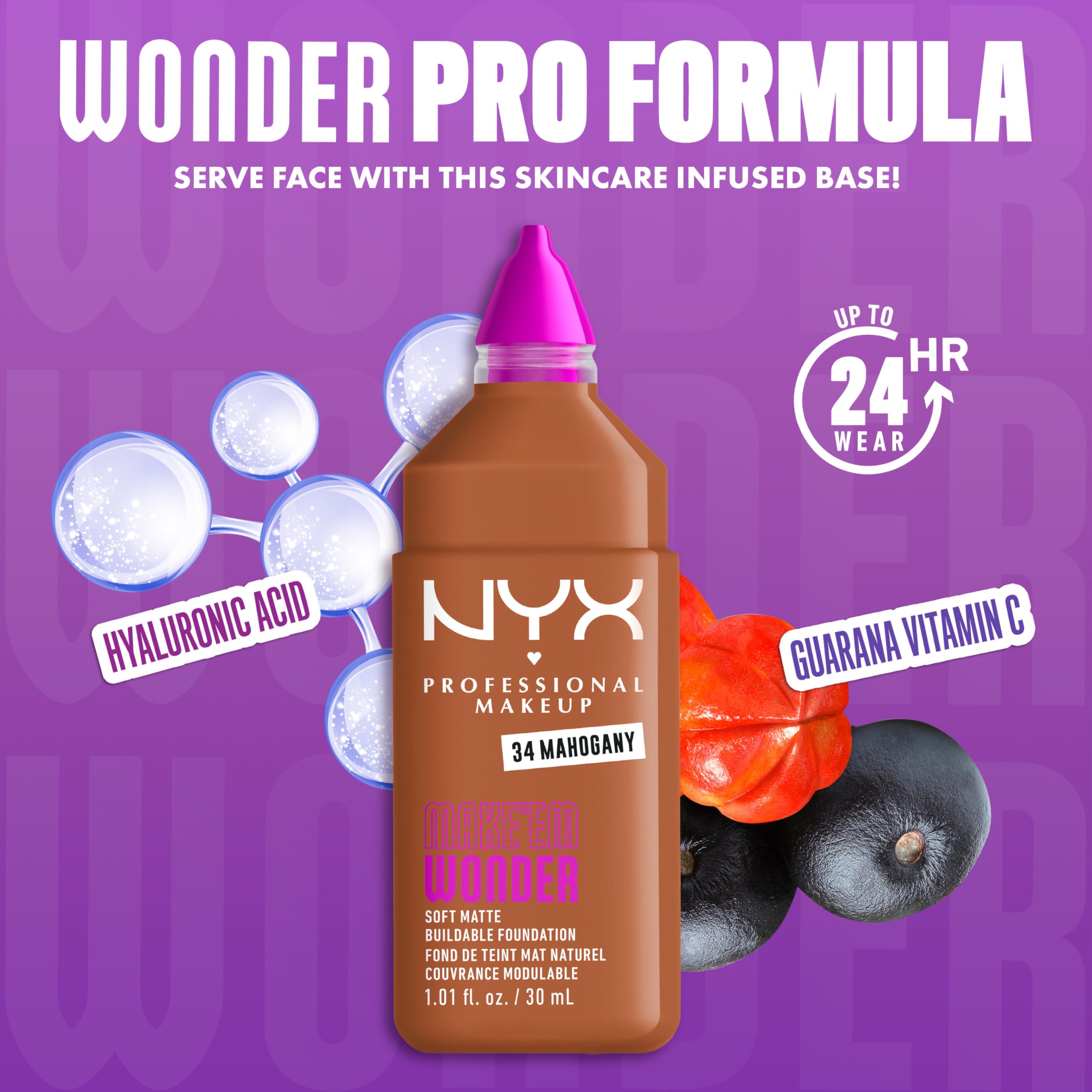 NYX PROFESSIONAL MAKEUP Make 'Em Wonder Liquid Foundation, 24HR Foundation Makeup With A Soft Matte Finish, Buildable Full Coverage - 34 Mahogany