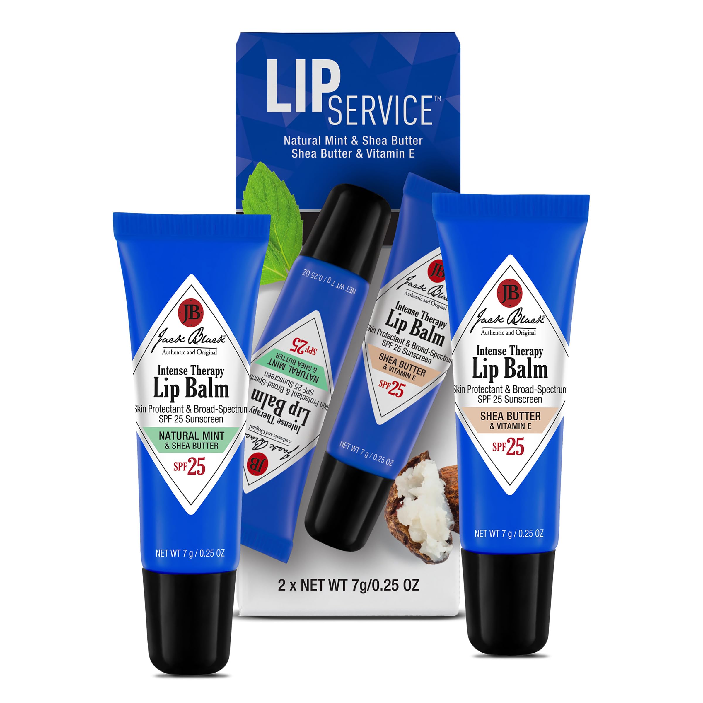 Jack Black Lip Balm Service Set - Intense Therapy Natural Mint & Shea Butter + Shea Butter with Vitamin E, SPF 25 Sun Protection, Lip Moisturizer, Hydrating Balm with SPF Sunscreen