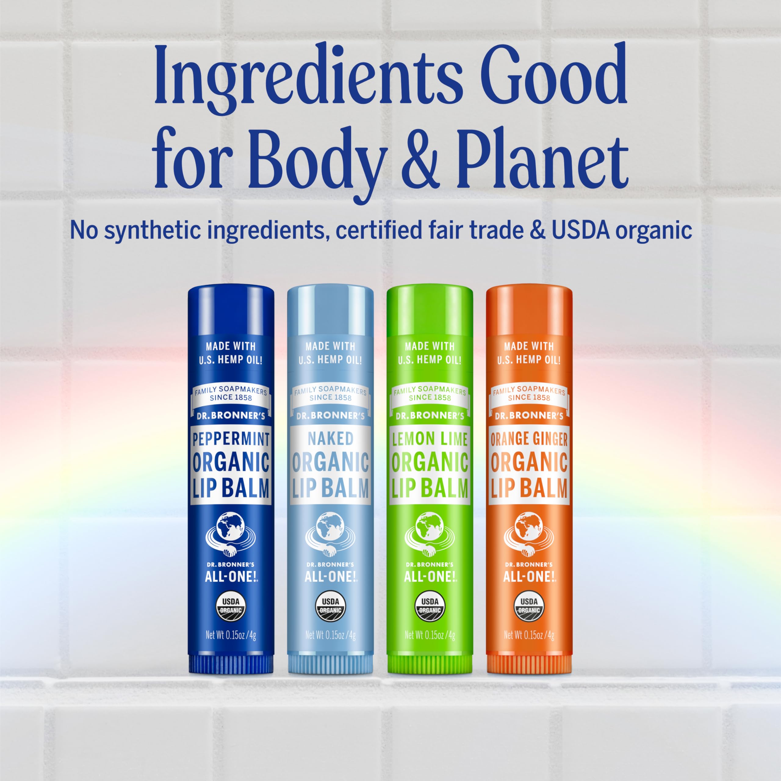Dr. Bronner's - Organic Lip Balm Variety Peppermint, Orange Ginger, Naked, Lemon Lime) - Made with Organic Beeswax and Avocado Oil, For Dry Lips, Hands, Chin or Cheeks, 0.15 Ounce (Pack of 4)