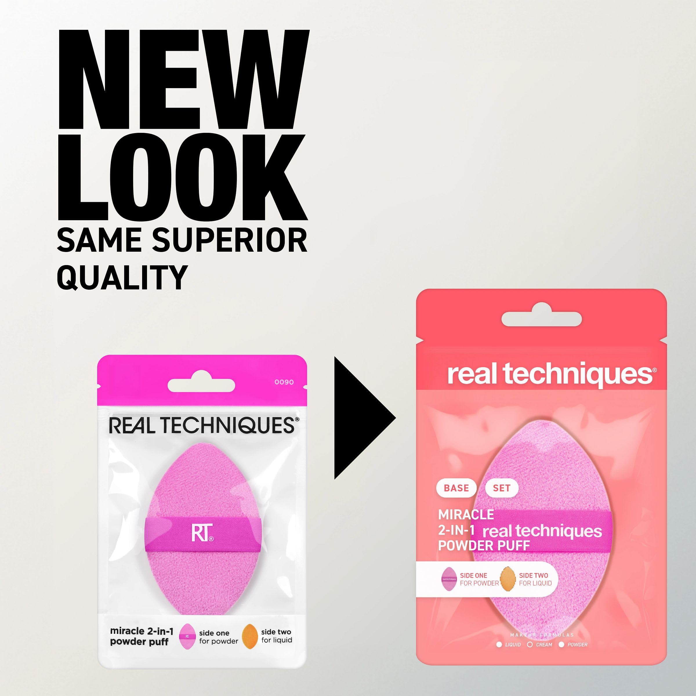 Real Techniques Miracle 2-In-1 Powder Puff, Dual-Sided, Full-Size Makeup Blending Puff, Reversible Elastic Band, Precision Tip Makeup Sponge & Powder Puff, For Liquid, Cream & Powder, 1 Count