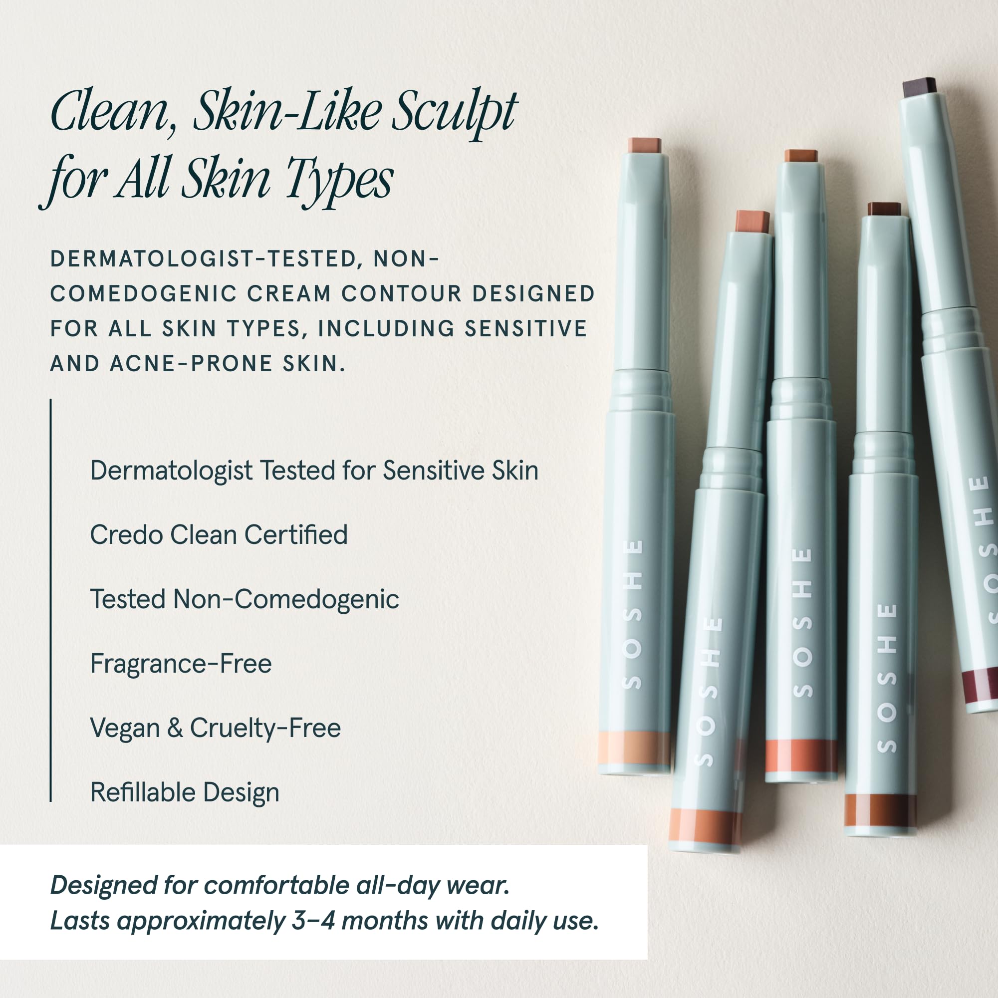SOSHE Precision Sculpting Stick Cream Contour Stick- Satin Finish Contour Makeup- Three-Angle Tip for Cheek, Jaw and Nose, Multi Use - Blendable - Vegan - Refillable - (Linen - Light)