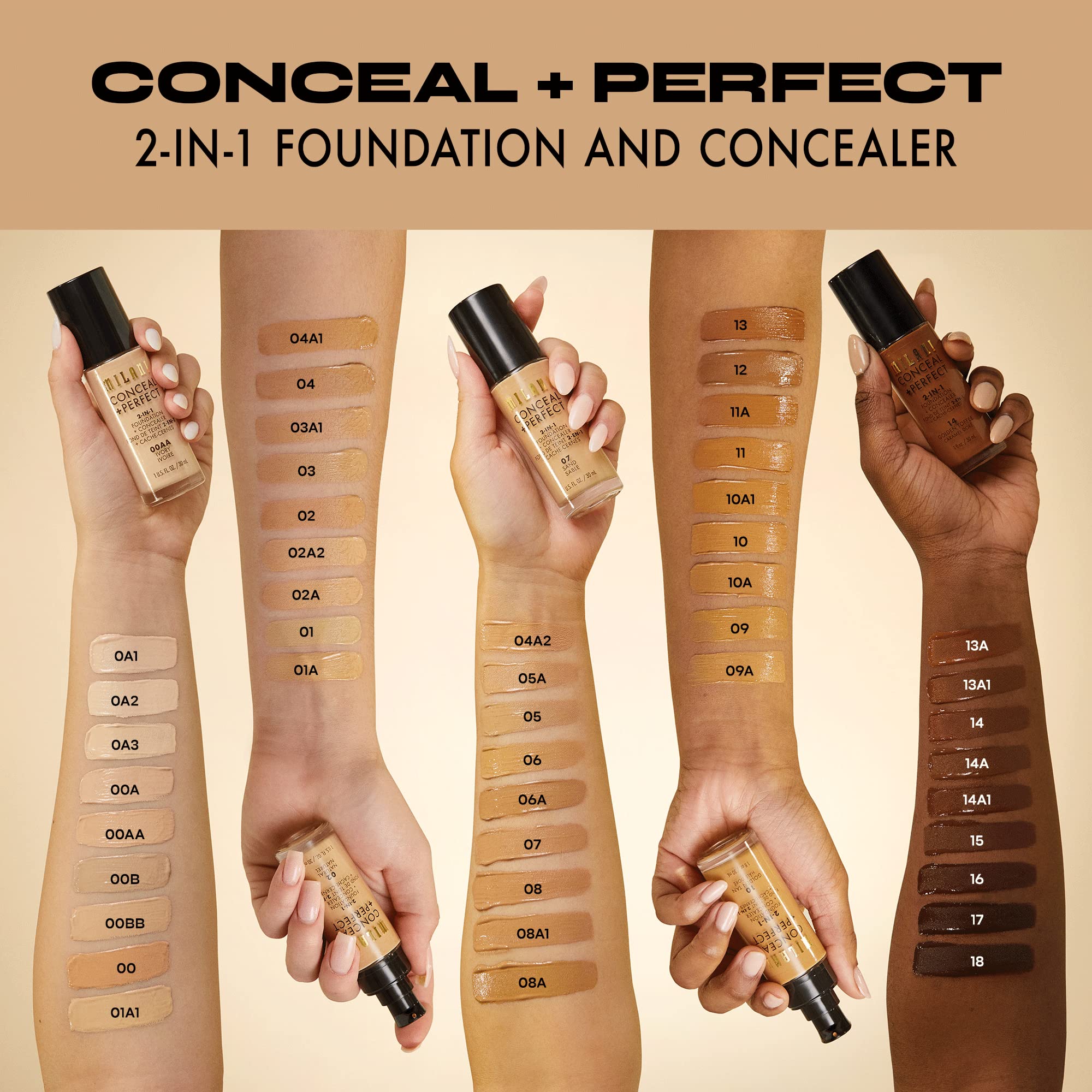 Milani Conceal + Perfect Liquid Foundation - Light Beige, 1 Fl. Oz. Cruelty-Free, Water-Resistant, Oil-Free, Medium-To-Full Coverage, Satin Matte Finish