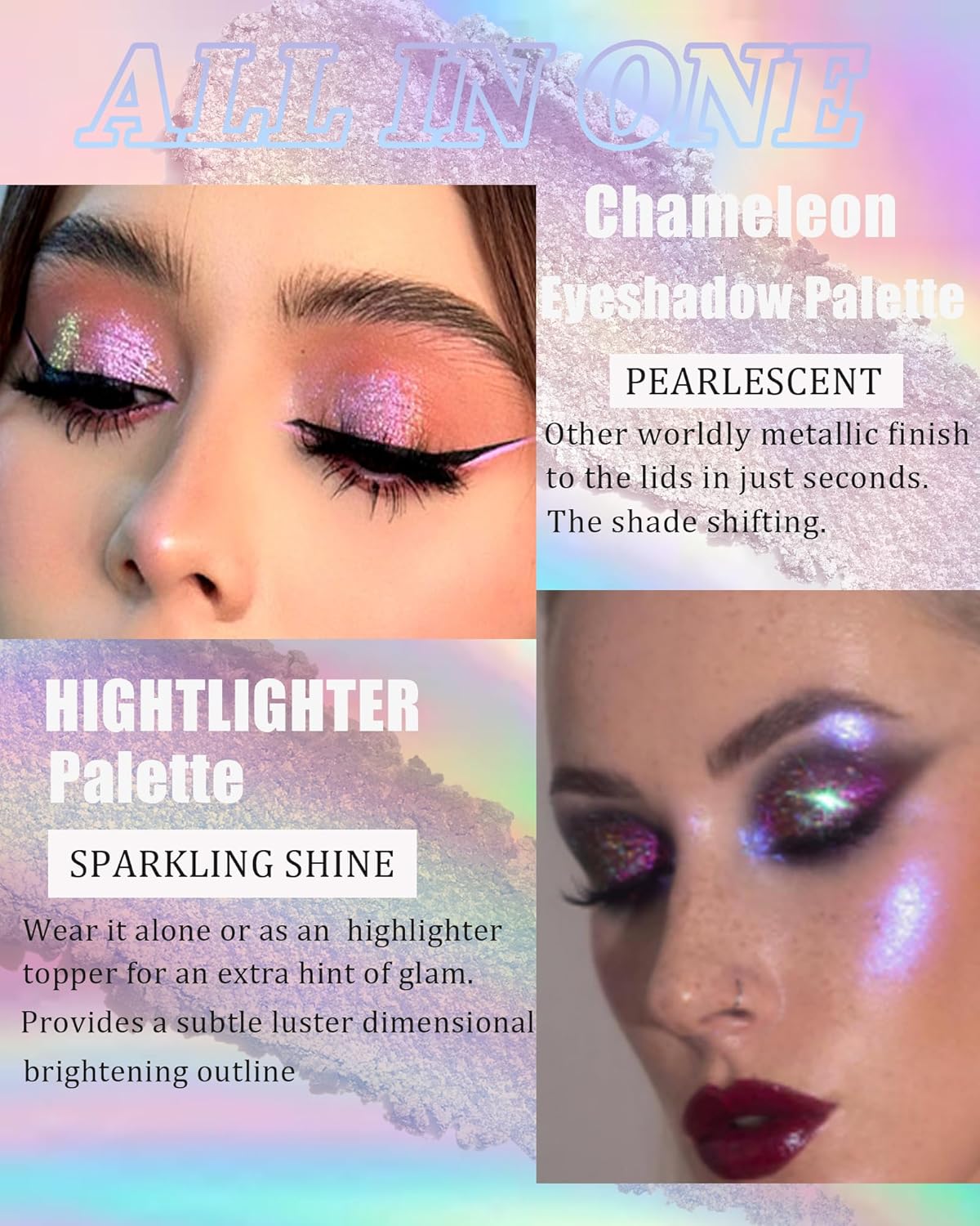Glitter Holographic Eyeshadow Palette Multichrome Chameleon Face Highlighter, Sparkling Cream Color Shifting Single Eye Shadow Long Lasting Shimmer Inner Corner Eye Brightener Pink Mermaid Makeup-02