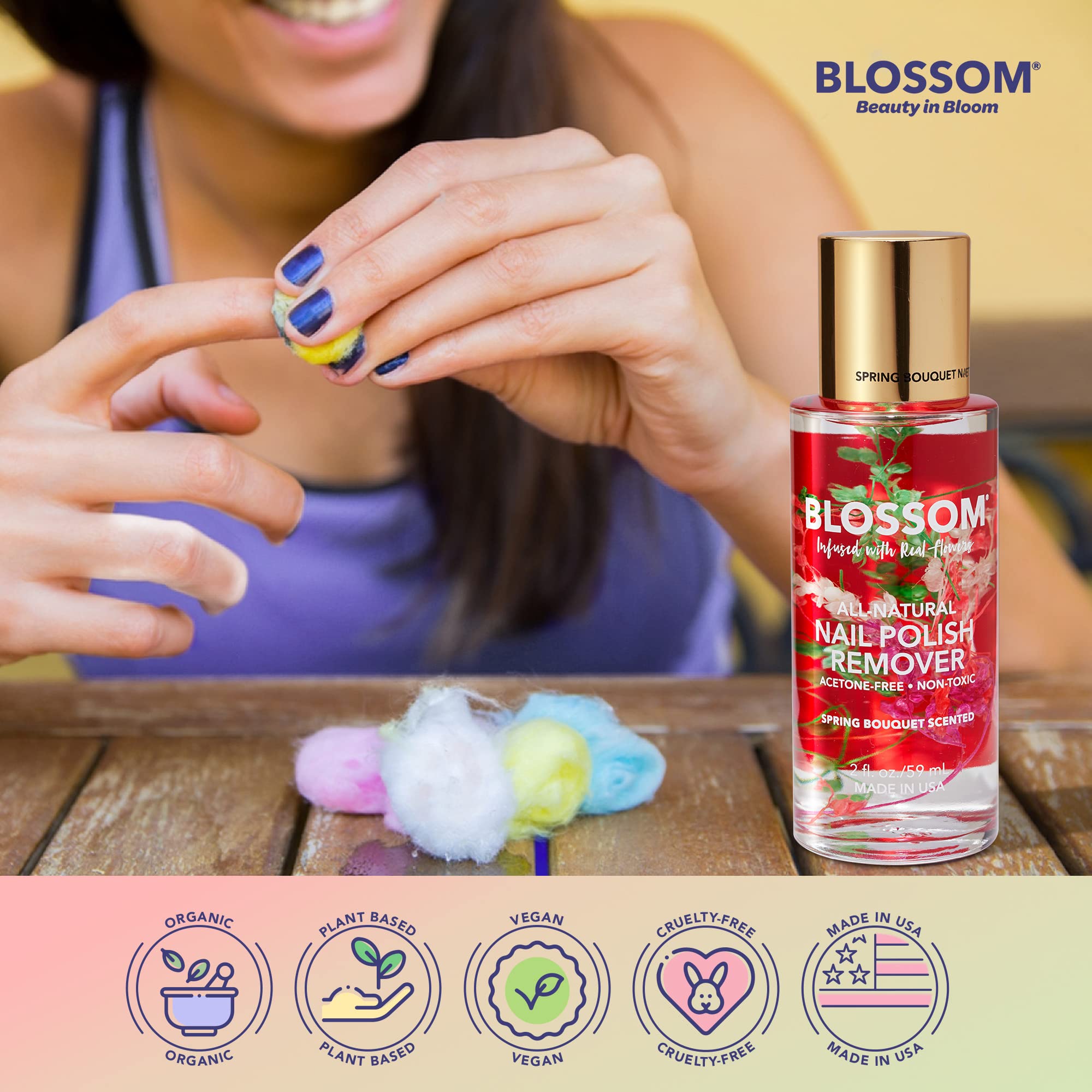 Blossom Non Toxic Nail Polish Remover Non Acetone, All Natural Scented, Vegan, Acetone Free Nail Polish Remover, Organic Plant-Based, Infused with Real Flowers, Made in USA, 2oz, Spring Bouquet