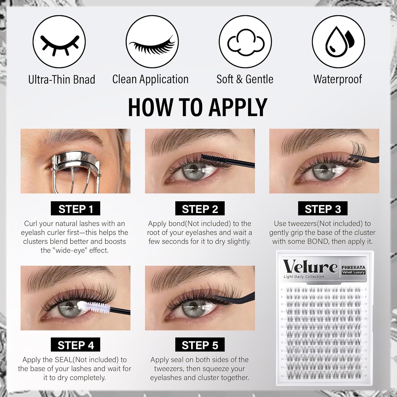 Velure Eyelash Clusters Natural Lash Clusters Eyelash Extensions 8-16mm Wispy Individual Lashes Clusters DIY Ultra-Light Lash Extensions Soft C Curly Eye Lashes with Invisible Thin Band