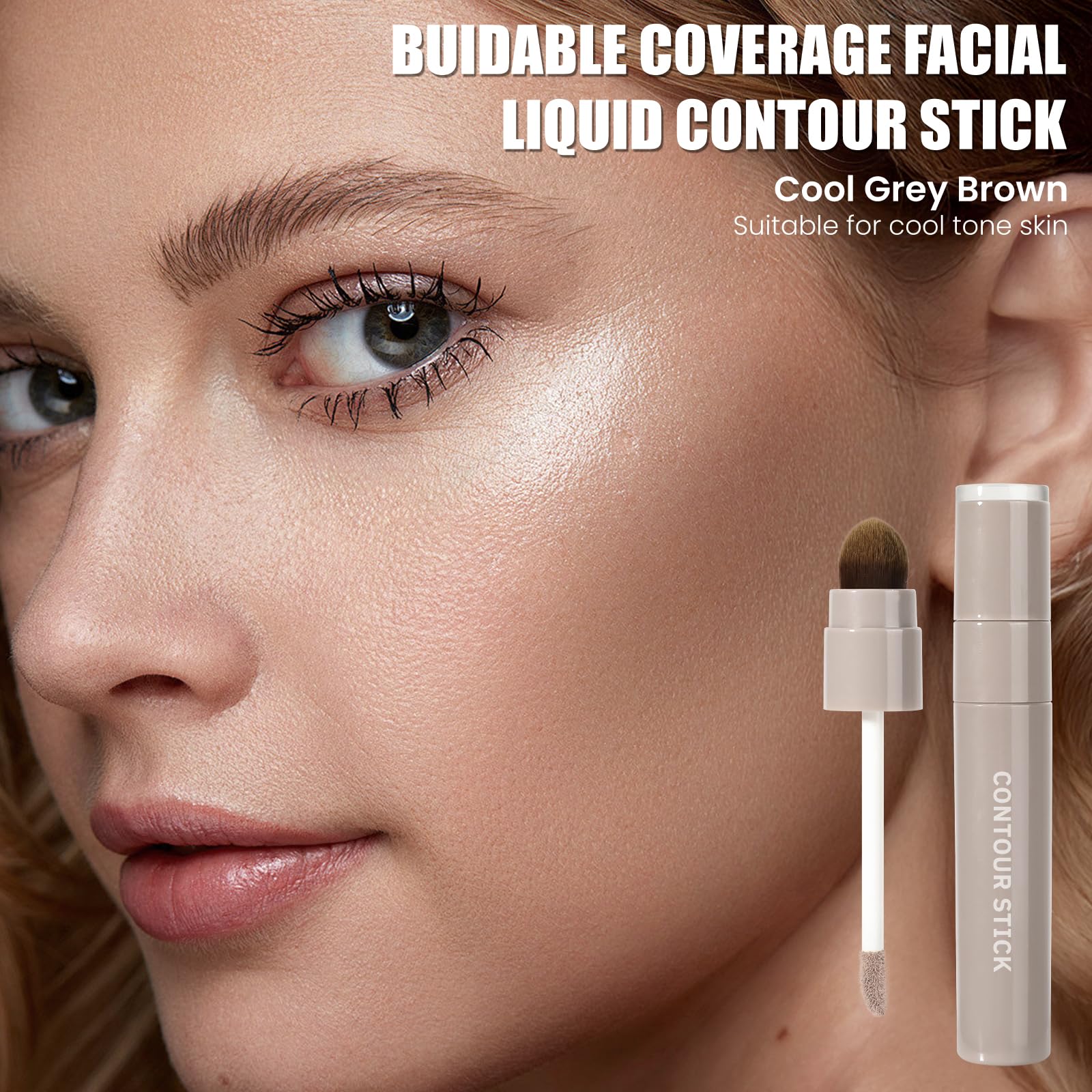 Cool Toned Liquid Contour Stick with Brush, Cool Grey Brown Cream Contour Bronzer Makeup Stick for Long Lasting Blendable Matte Face Nose-Contour Makeup, Contorno Maquillaje (#01)