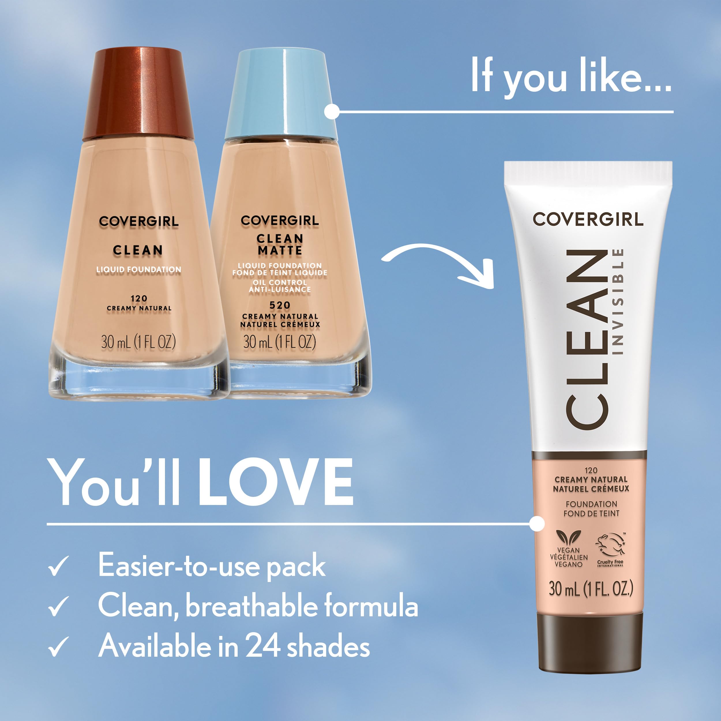 COVERGIRL Clean Invisible Foundation Makeup, Dewy & Glowy Natural Finish, Buildable Coverage, Skin-Like Smooth Look, Vegan, Buff Beige, 1oz