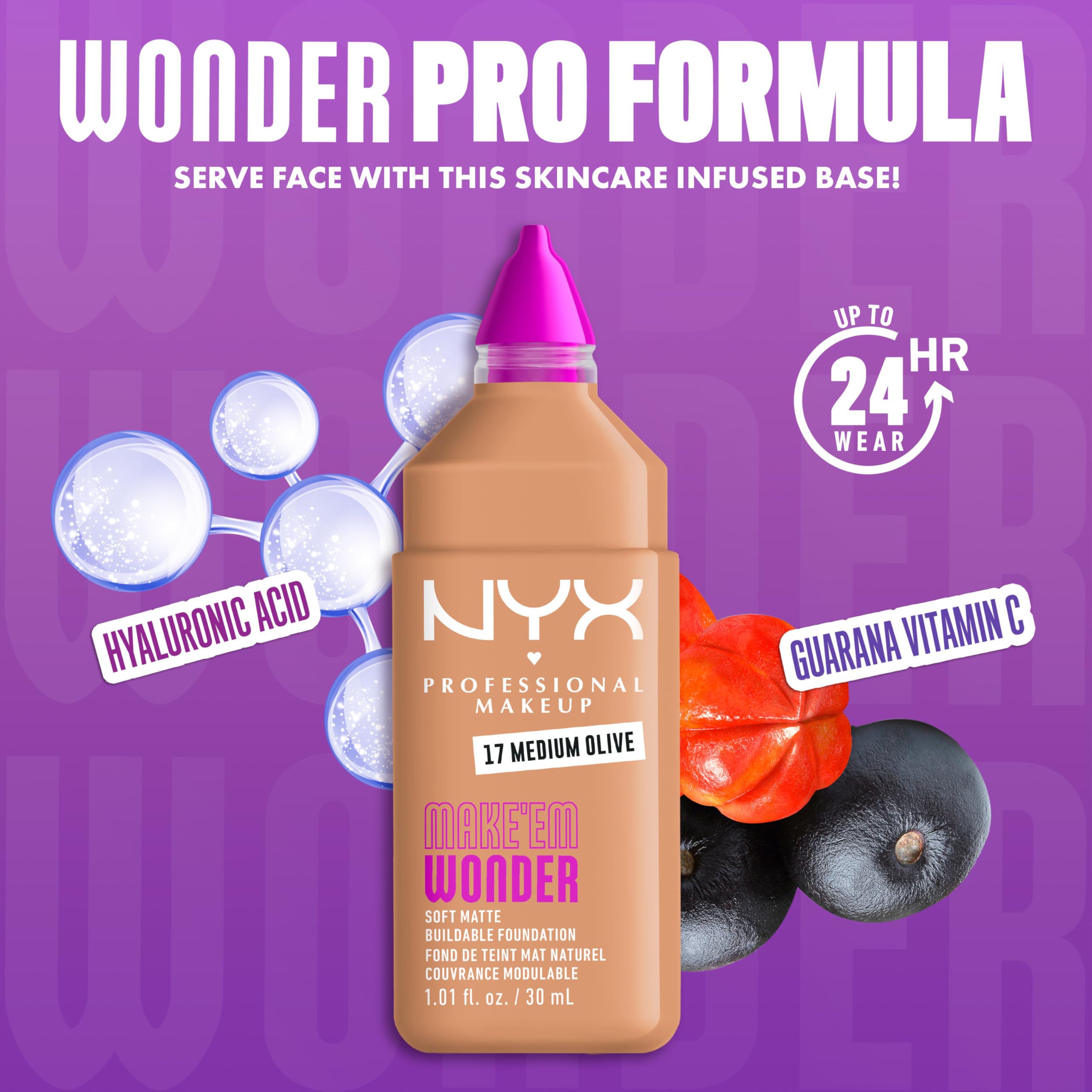 NYX PROFESSIONAL MAKEUP Make 'Em Wonder Liquid Foundation, 24HR Foundation Makeup With A Soft Matte Finish, Buildable Full Coverage - 17 Medium Olive