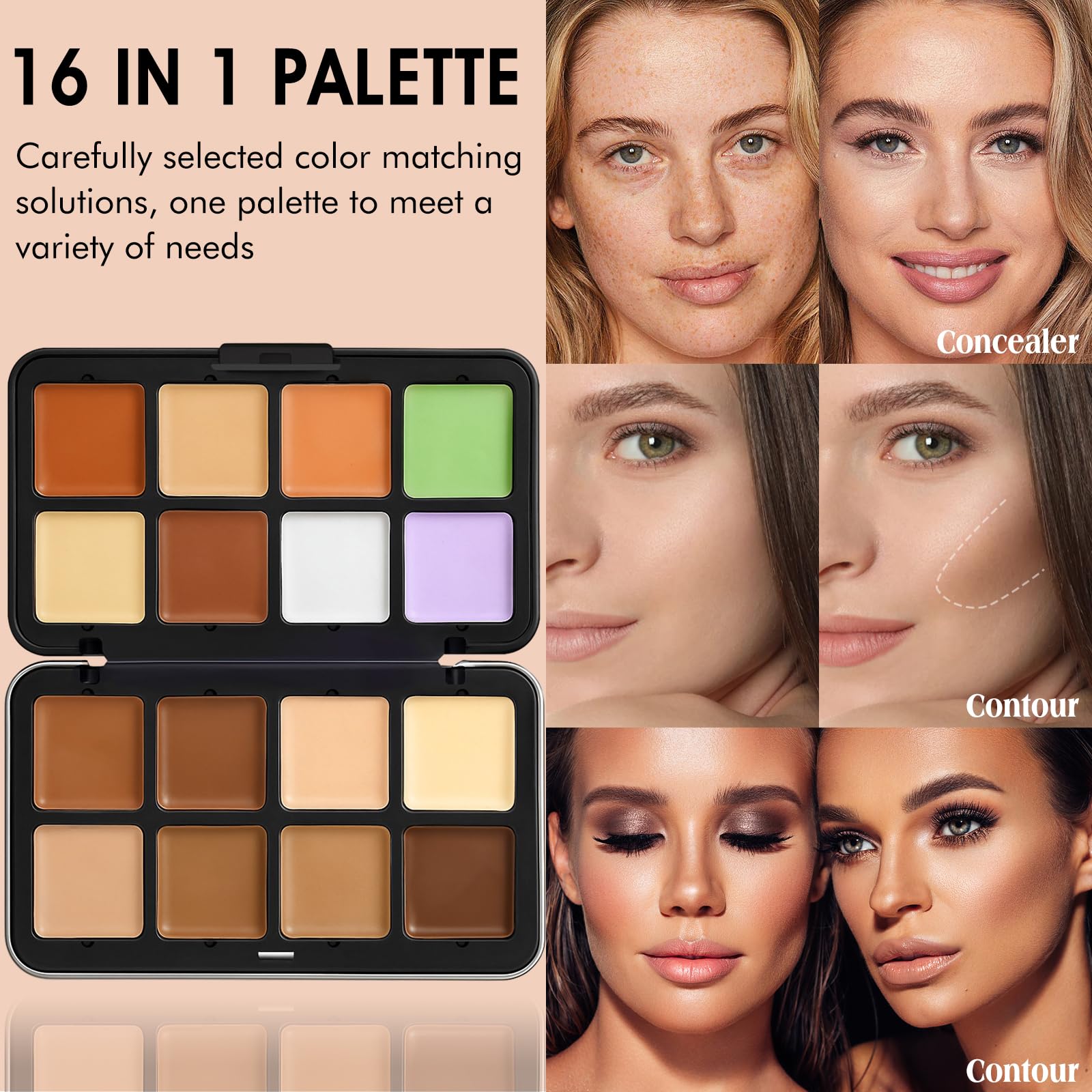 LSxia 16 Colors Cream [Contour Concealer Foundation] Makeup Palette for Cheeks - All in One Makeup Palette Kit with Brush, Natural Matte Long Wearing, Waterproof Blendable Face Make Up Pallete (#06)