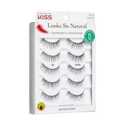 KISS Look So Natural False Eyelashes Multipack 03, Cruelty Free, Vegan, Contact Lens Friendly, Easy to Apply, Includes 5 Pairs of Reusable Strip Lashes