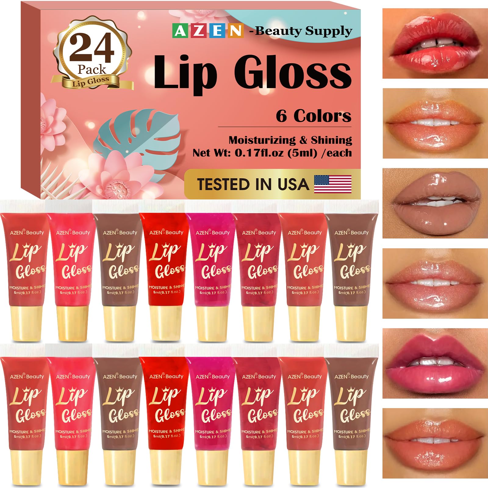 AZEN 24 Pack Lip Gloss Set, Color Lip Oil for Dry Cracked Lips Moisturizing Hydrating Nourishing with Vitamin E, Mothers Day Gifts for Women