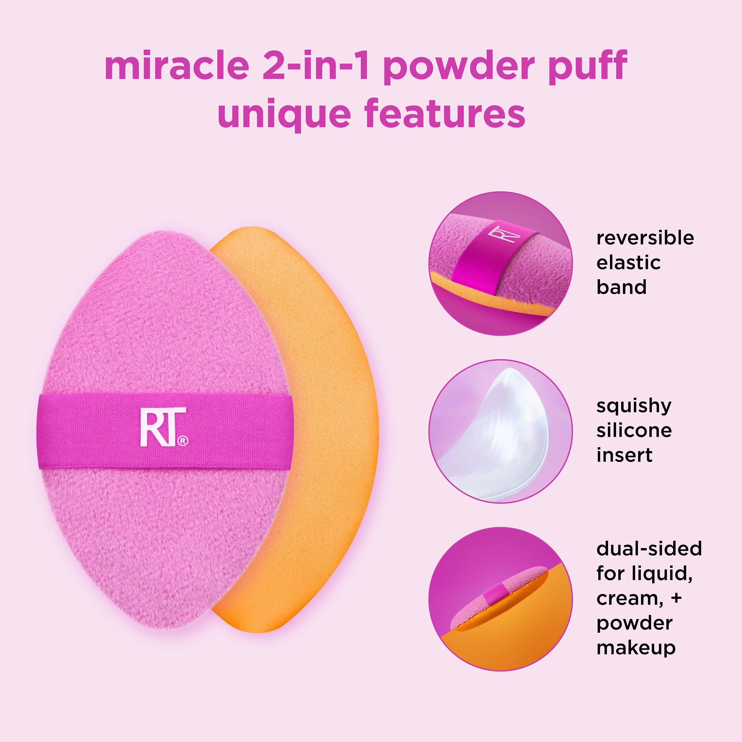 Real Techniques Miracle 2-In-1 Powder Puff 2 Pack, Dual-Sided, Full Size Makeup Blending Puff, Reversible Elastic Band, Makeup Sponge & Powder Puff, For Liquid, Cream & Powder Products, Crulety-Free