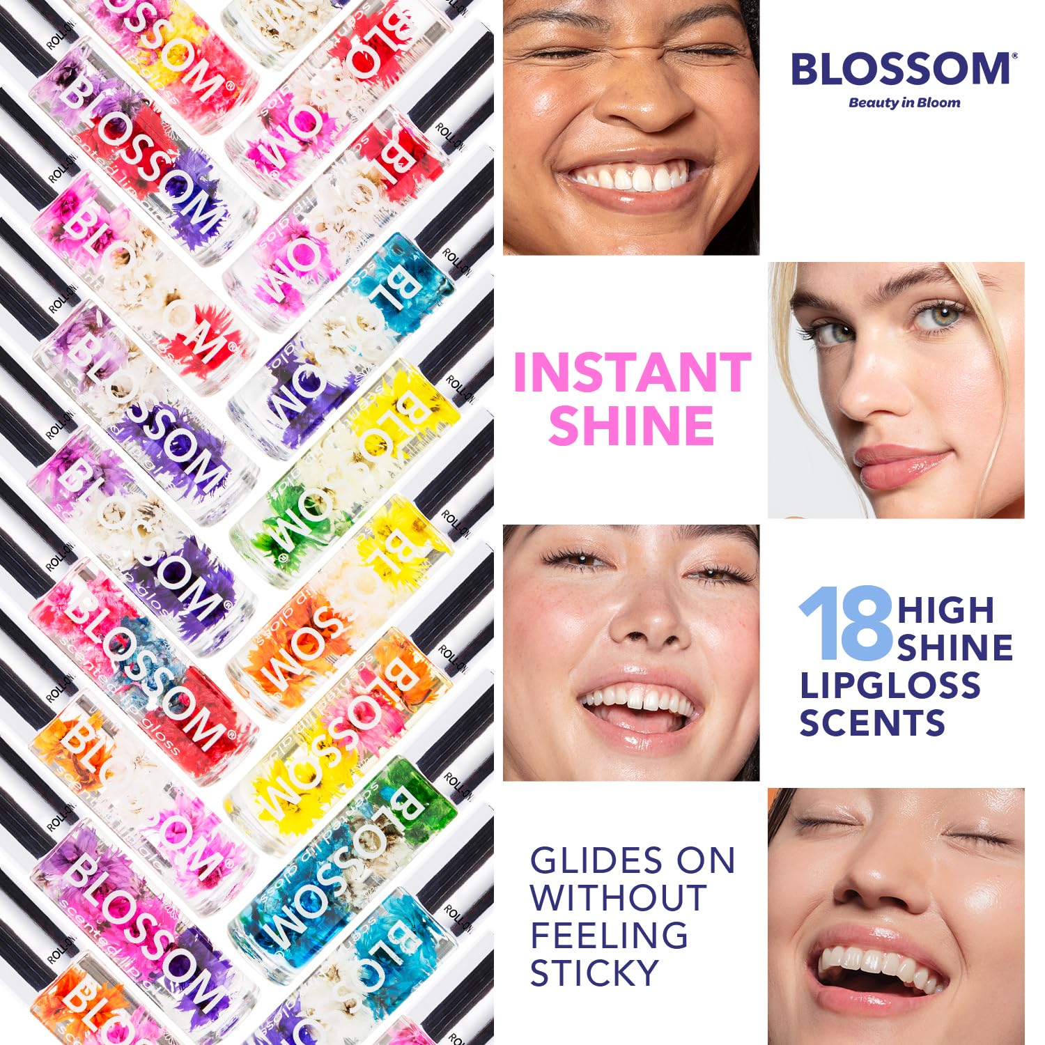 Blossom Roll on Lip Gloss, Scented Clear High Shine Moisturizing Lip Oil, Non Sticky, Infused with Real Flowers, Made in USA, 0.3 fl. oz./9ml, 3 pack Mini Gift Set, Strawberry, Watermelon, Mango