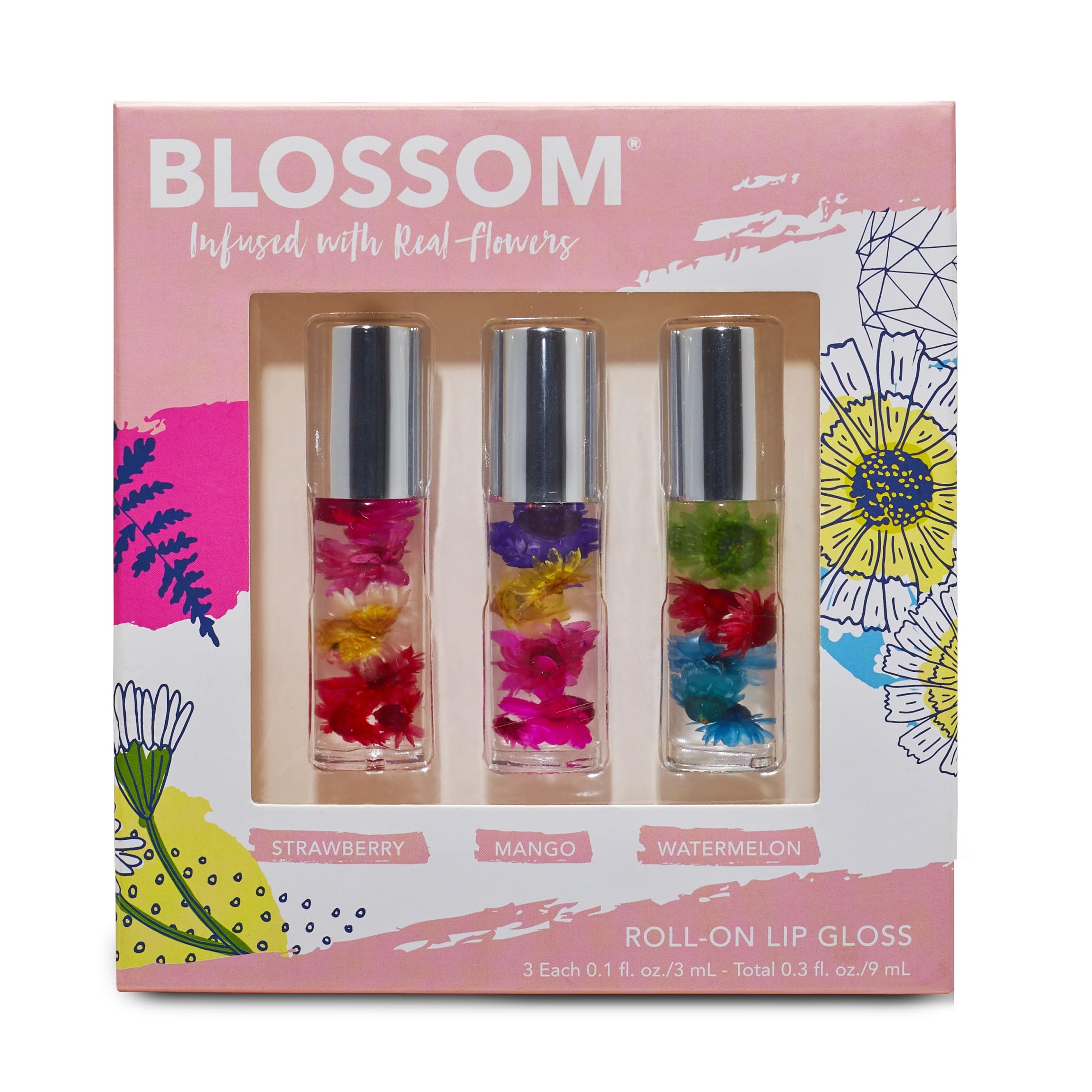 Blossom Roll on Lip Gloss, Scented Clear High Shine Moisturizing Lip Oil, Non Sticky, Infused with Real Flowers, Made in USA, 0.3 fl. oz./9ml, 3 pack Mini Gift Set, Strawberry, Watermelon, Mango