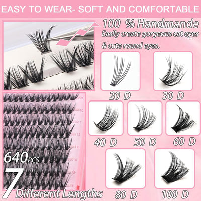 Lash Clusters Kit, 640 Pcs Eyelashes Clusters Extensions Kit 9-16mm Individual Lashes D Curl Fluffy Wispy False Eyelashes Thin Band, with Bond Seal Tweezers Brush DIY (30D+40D+50D+60D Kit 9-16mm)