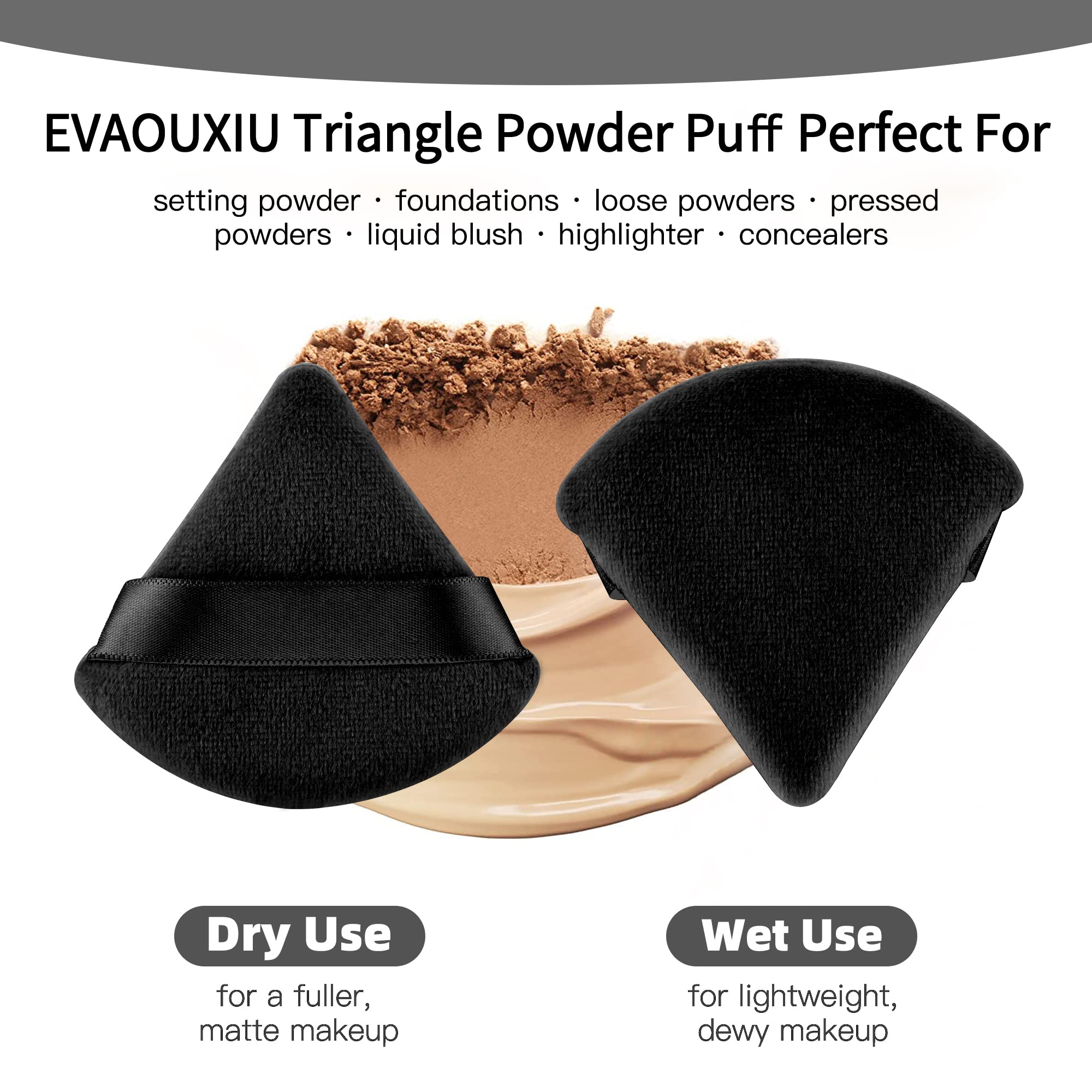 EVAOUXIU 2 Pcs Triangle Powder Puff for Face Powder, Soft Plush Setting Makeup Puff, Velour Cosmetic Foundation Blender Sponge Beauty Makeup Tools (Black)