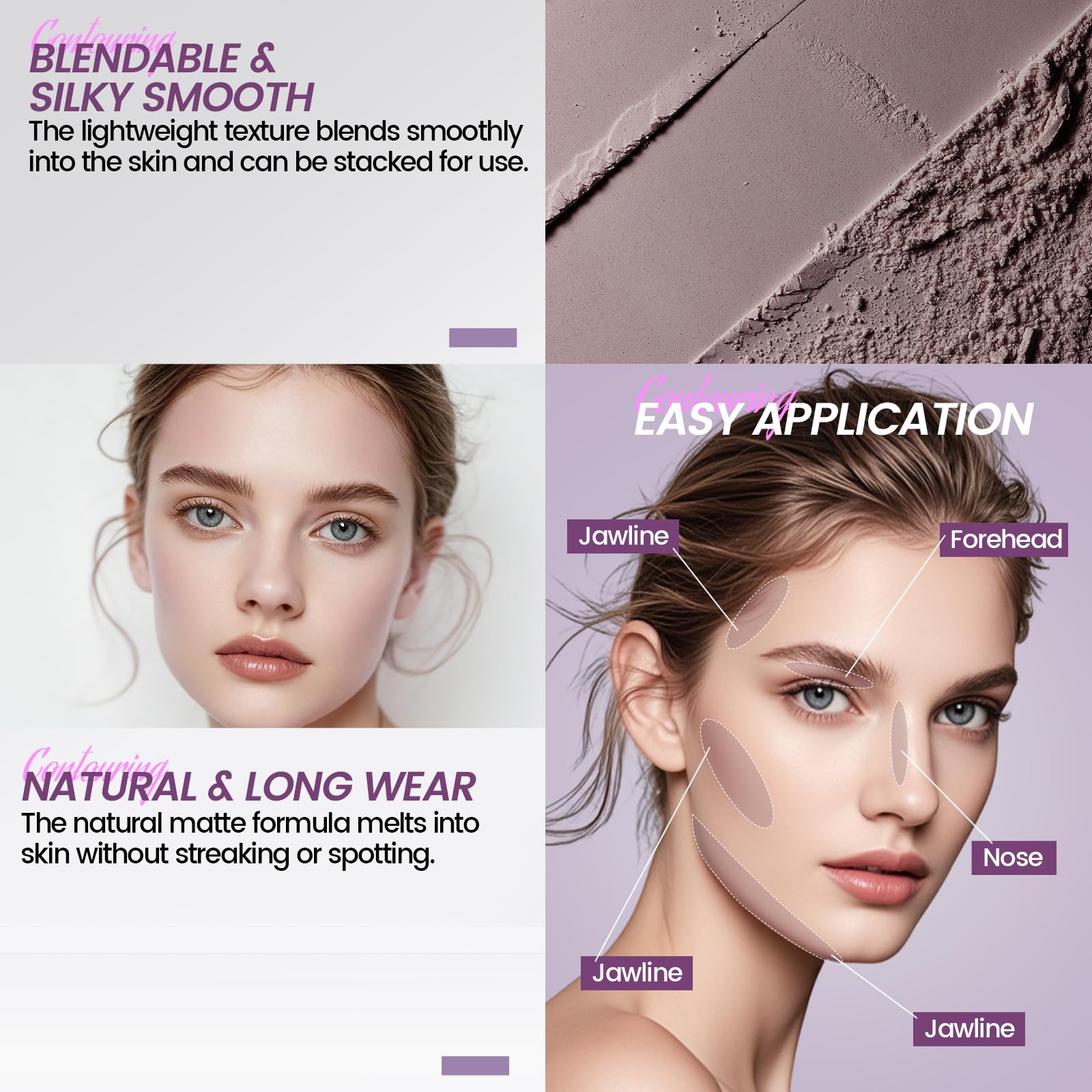 Noerrors Taupe to Mauve Cool Toned Contour Palette, Lightweight Smooth Blendable Matte Grey Pressed Powder Contour for Fair Pale Olive Light Skin, Nose Contouring Face Sculpting Cream Bronzer Makeup