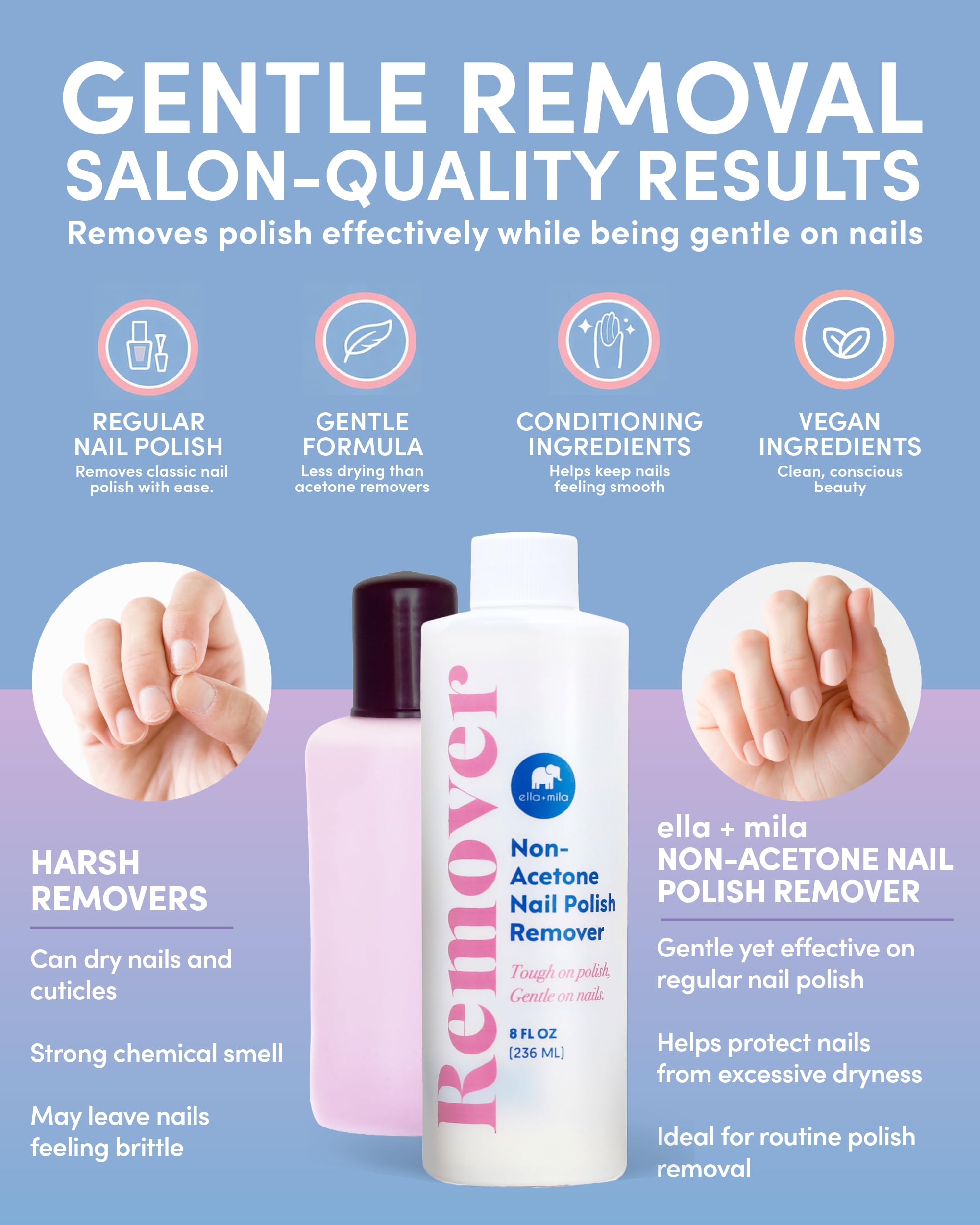 ella+mila Nail Polish Remover That Conditions While Removing – Non-Acetone, Gentle & Nourishing Formula – Vegan & Cruelty-Free – 8oz