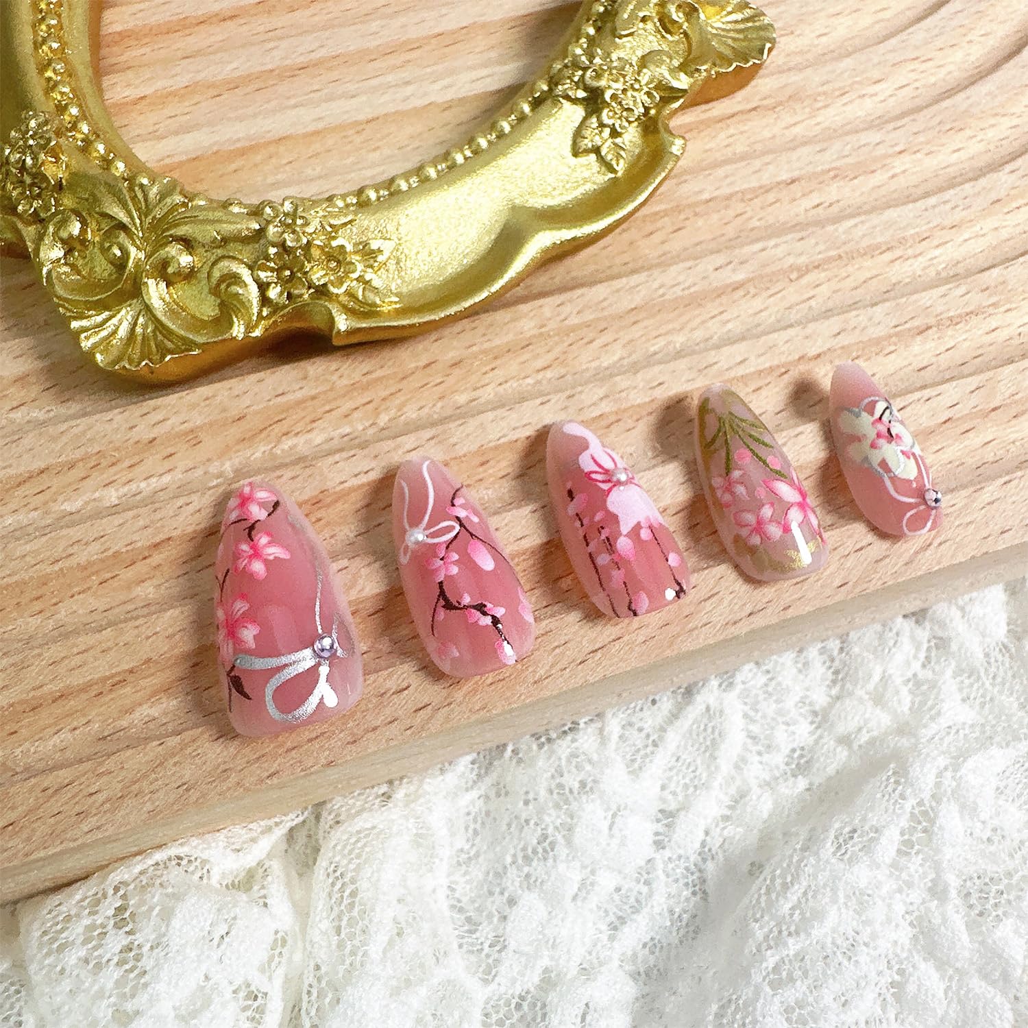 FDSQHSA 30pcs Pink Flower Cute Cat Almond Acrylic Press-On False Nails Kit with Rhinestone Pearl Designs, Bow, Summer Floral Nail Decoration