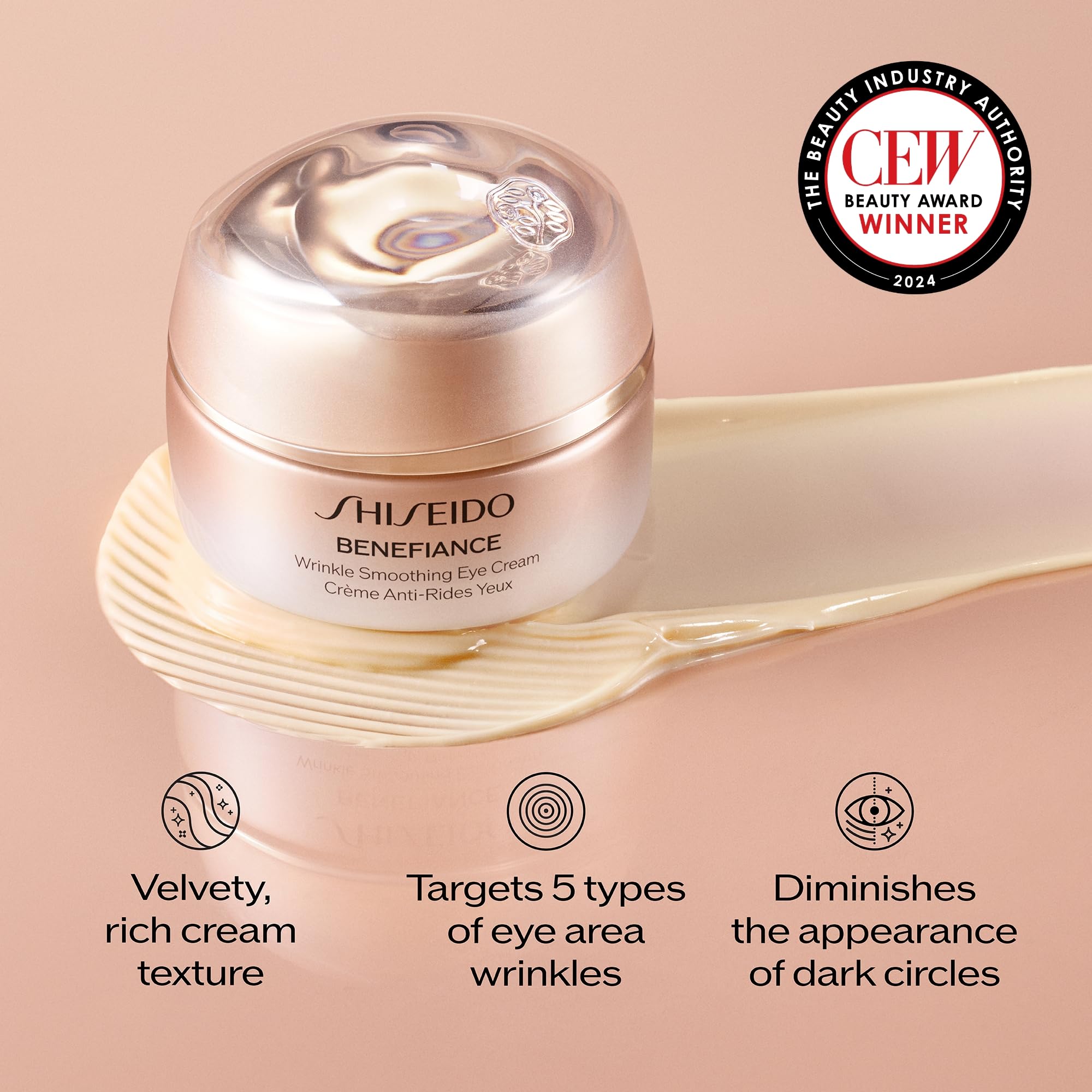 Shiseido Benefiance Wrinkle Smoothing Eye Cream - 15 mL - Visibly Improves Five Types of Eye Wrinkles, Dark Circles & Puffiness - 48-HR Hydration - All Skin Types - Non-Comedogenic