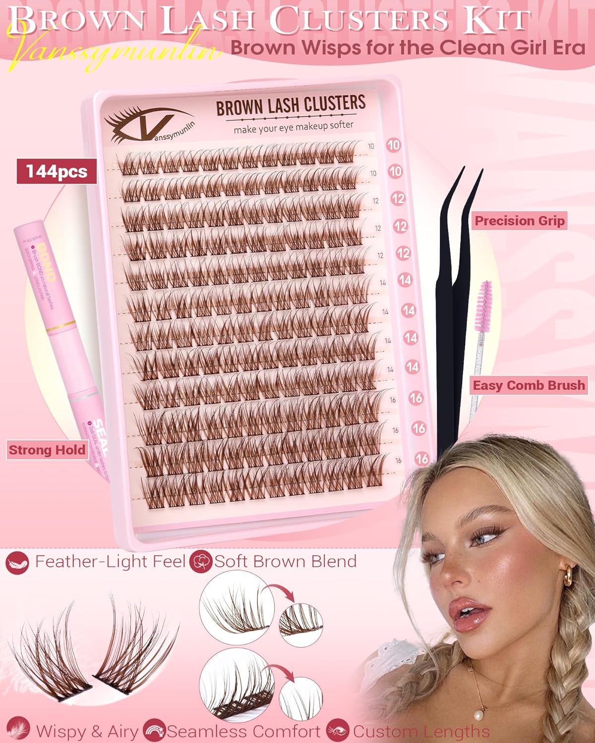 Brown Wispy Lash Clusters Kit Natural Eyelashes Clusters Kit Cluster Eyelash Extensions 10-16mm C Curl Cluster Lashes DIY Eyelash Clusters Waterproof Individual Lash Extension Kit with Brush