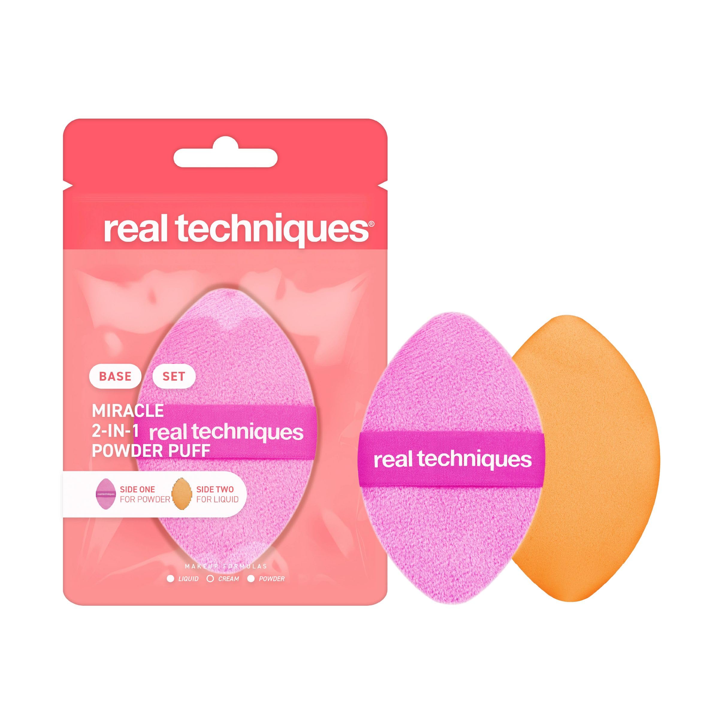 Real Techniques Miracle 2-In-1 Powder Puff, Dual-Sided, Full-Size Makeup Blending Puff, Reversible Elastic Band, Precision Tip Makeup Sponge & Powder Puff, For Liquid, Cream & Powder, 1 Count