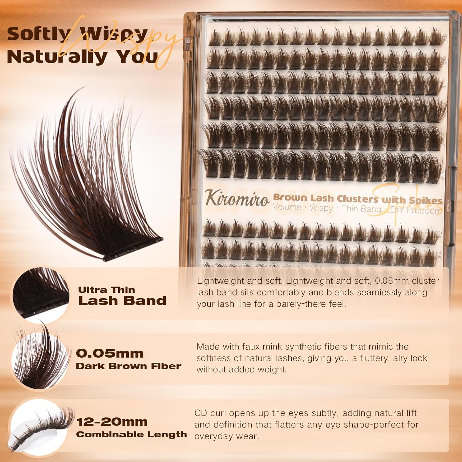 Kiromiro Brown Lash Clusters with Spikes Cluster Eyelash Extensions 10-20mm DIY Eyelash Clusters Wispy 204pcs Individual Lash Extensions Fluffy Cluster Lashes