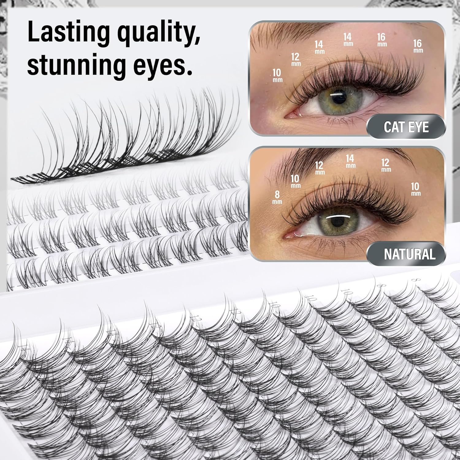 Velure Eyelash Clusters Natural Lash Clusters Eyelash Extensions 8-16mm Wispy Individual Lashes Clusters DIY Ultra-Light Lash Extensions Soft C Curly Eye Lashes with Invisible Thin Band