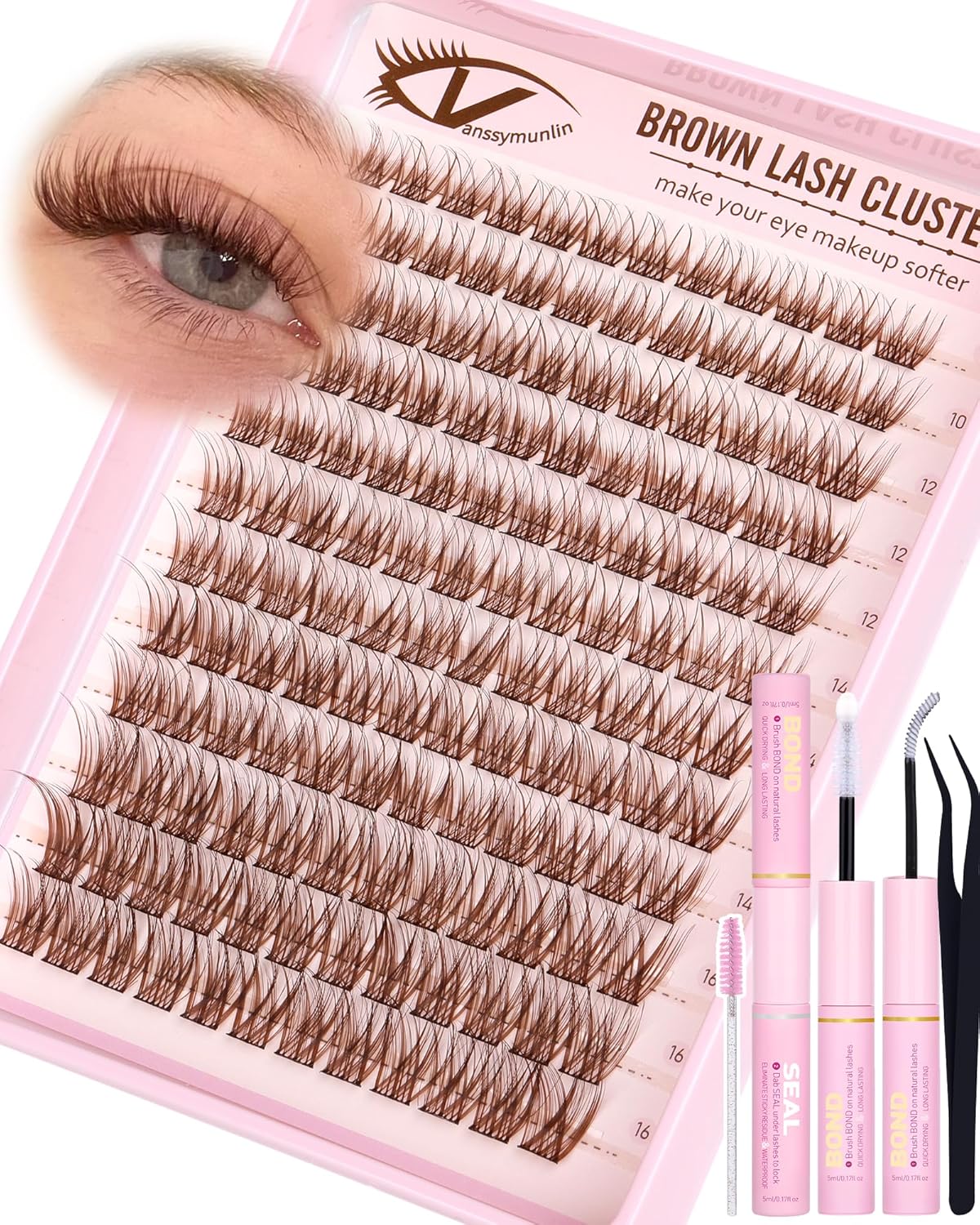Brown Wispy Lash Clusters Kit Natural Eyelashes Clusters Kit Cluster Eyelash Extensions 10-16mm C Curl Cluster Lashes DIY Eyelash Clusters Waterproof Individual Lash Extension Kit with Brush
