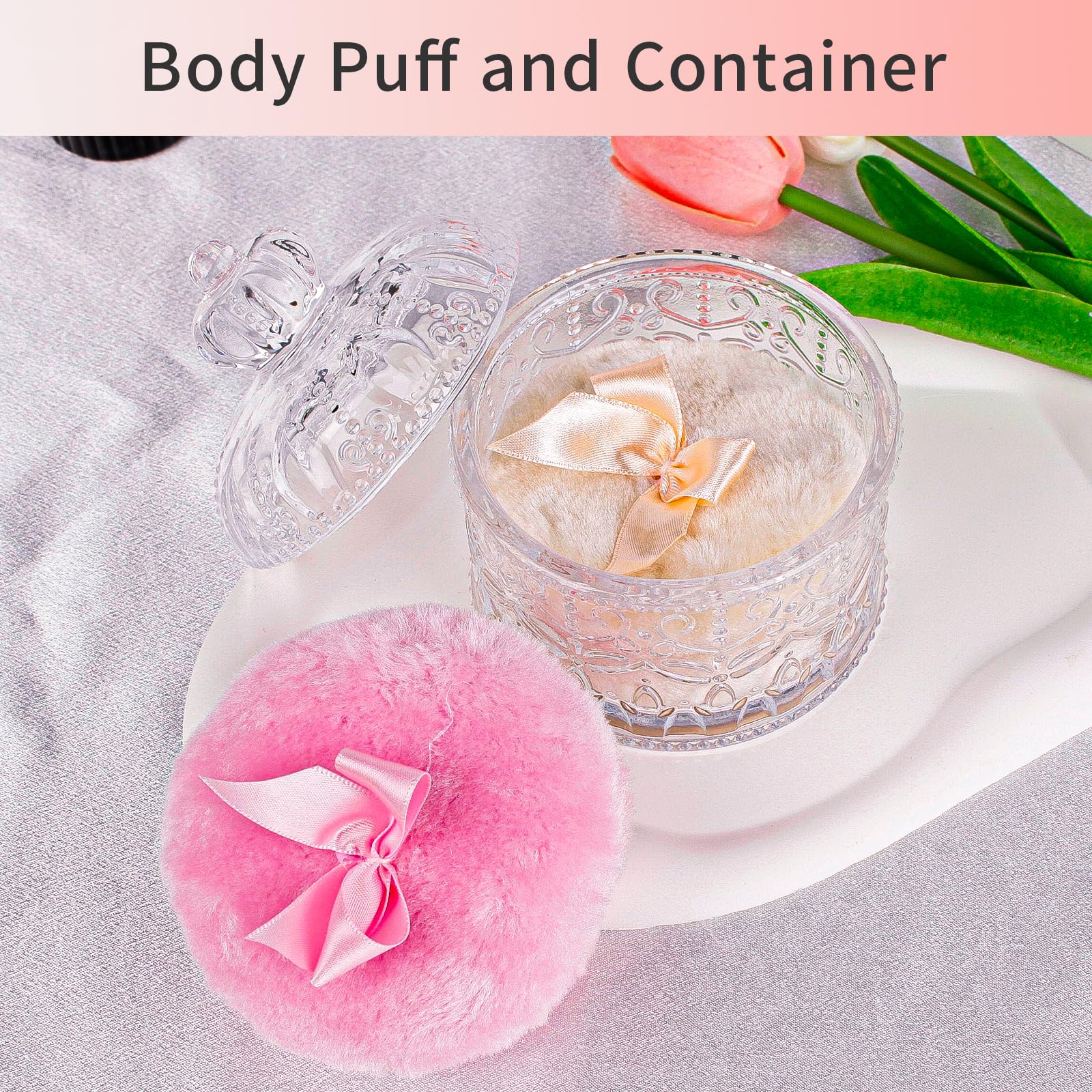 Gsteng Large Body Powder Puffs and Containers, Crystal Clear Powder Container with Soft Power Puffs, Reusable Dusting Powder Case with Washable Velvet Face Body Glitter Puffs Wet and Dry Makeup
