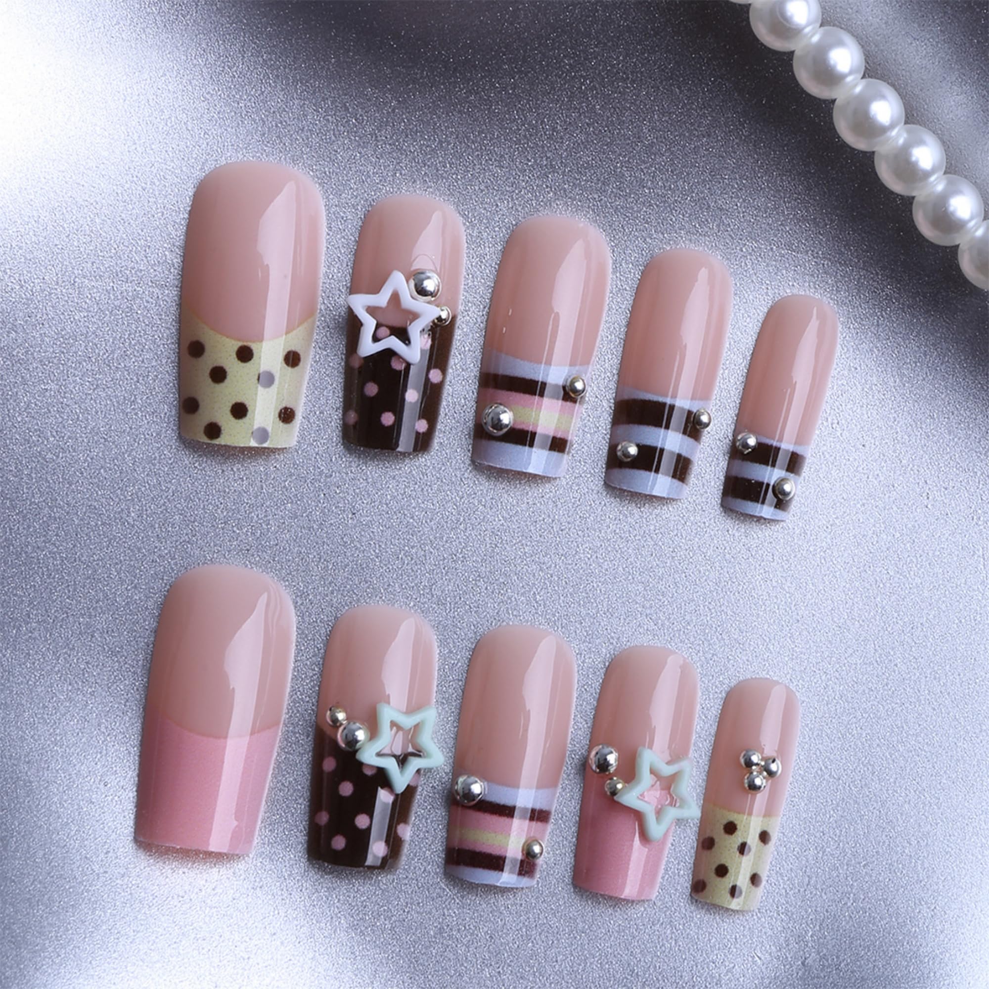 octoswave Long Square Press on Nails - Cute Pink Brown Y2K Fake Nails with 3D Stars Polka Dots - 24 Pcs False Nails Kit with Adhesive Tabs