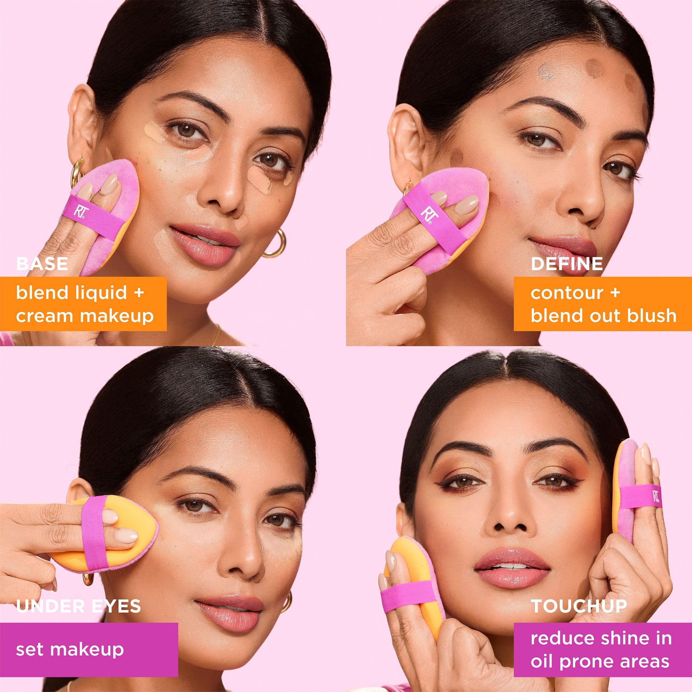 Real Techniques Miracle 2-In-1 Powder Puff 4 Pack, Dual-Sided, Full Size Makeup Blending Puff, Reversible Elastic Band, Makeup Sponge & Powder Puff, For Liquid, Cream & Powder Products, Cruelty-Free